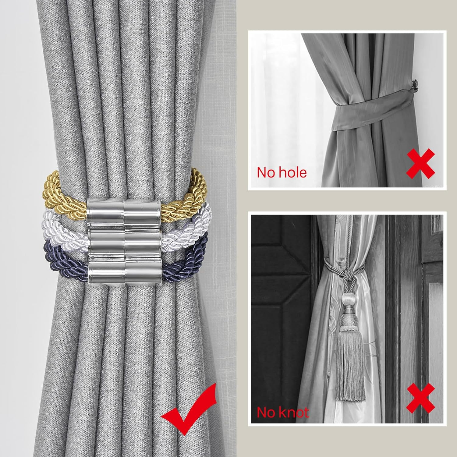 Pretty Jolly 2 Pack Mini Magnetic Curtain Tiebacks Modern Simple Style Drape Tie Backs Elegant Decorative Weave Rope Curtain Holdbacks for Home & Office Thin Window Draperies (Black) image number 2