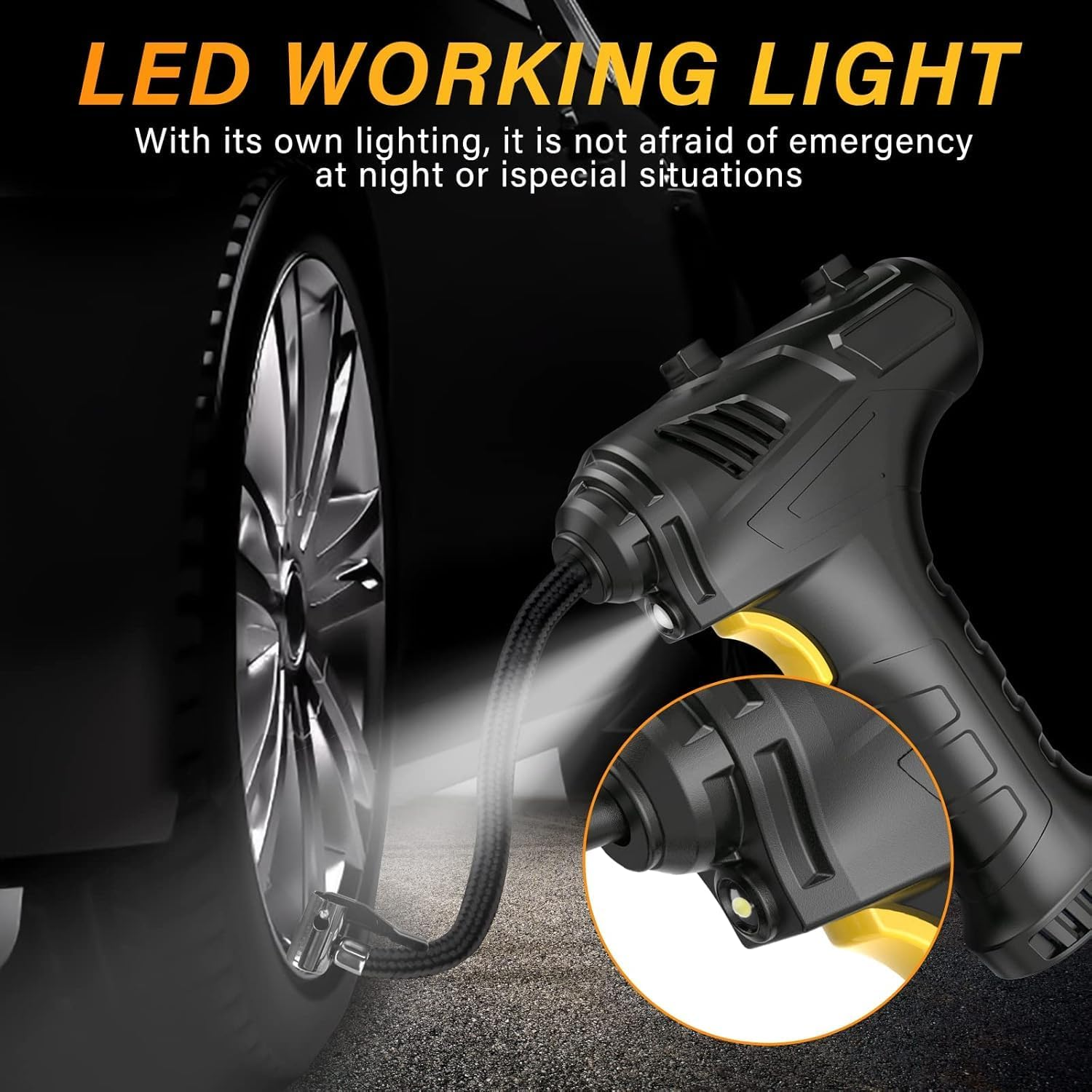 Tyre Inflator Cordless Air Compressor,12V USB Rechargeable Battery,150Psi Portable Car Tyre Pump,Electric Digital Pump with LED Light and 3 Nozzle Adaptors,For Cars,Suv,Motorcycles, Bicycle,Balls image number 4