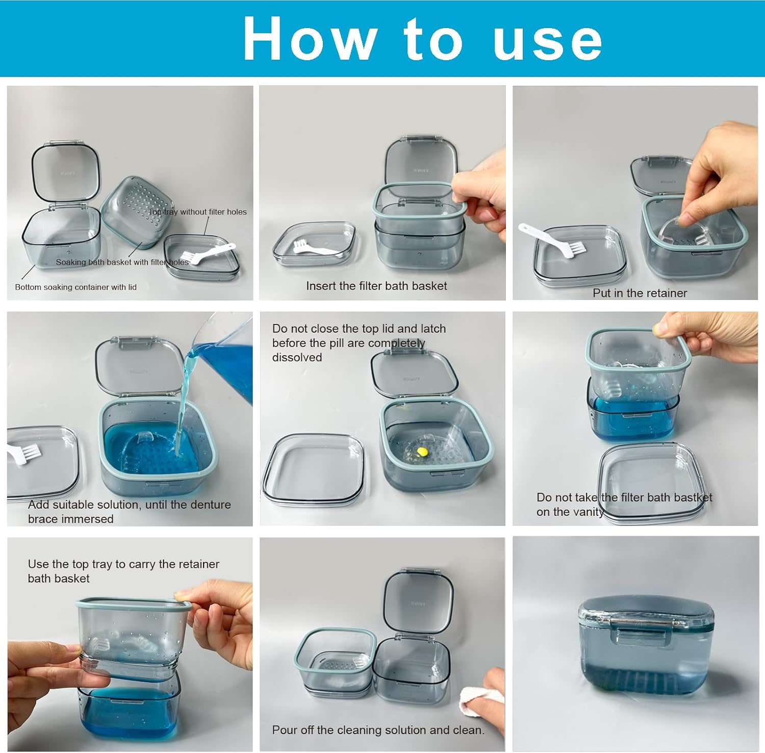 Denture Bath Cup, Denture Case,Retainer Cup,Three-Layer Retainer Case,Denture Cup, Mouth Guards Holder, Partial Denture Soak Container, Retainer Box Size:3.15 * 2.08 * 3.35(Black) image number 2