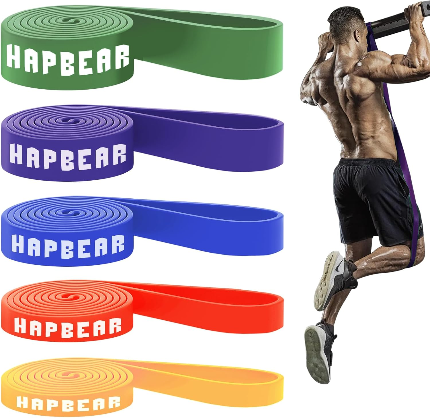 HAPBEAR Pull up Resistance Bands for Men and Women - 5 Different Levels, Heavy Duty, Long, Pull up Assist Bands Set for Build Fit Power & Muscle (5-250LBS)