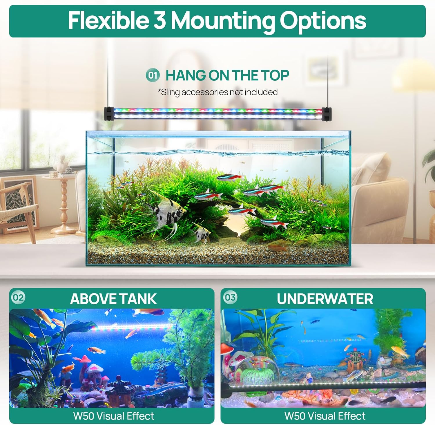 Lominie Submersible LED Aquarium Light, IP68 Waterproof Nano Tank with Timer, 3 Lighting Modes Dimmable Crystal Glass for Fish Tank (WF50) image number 4