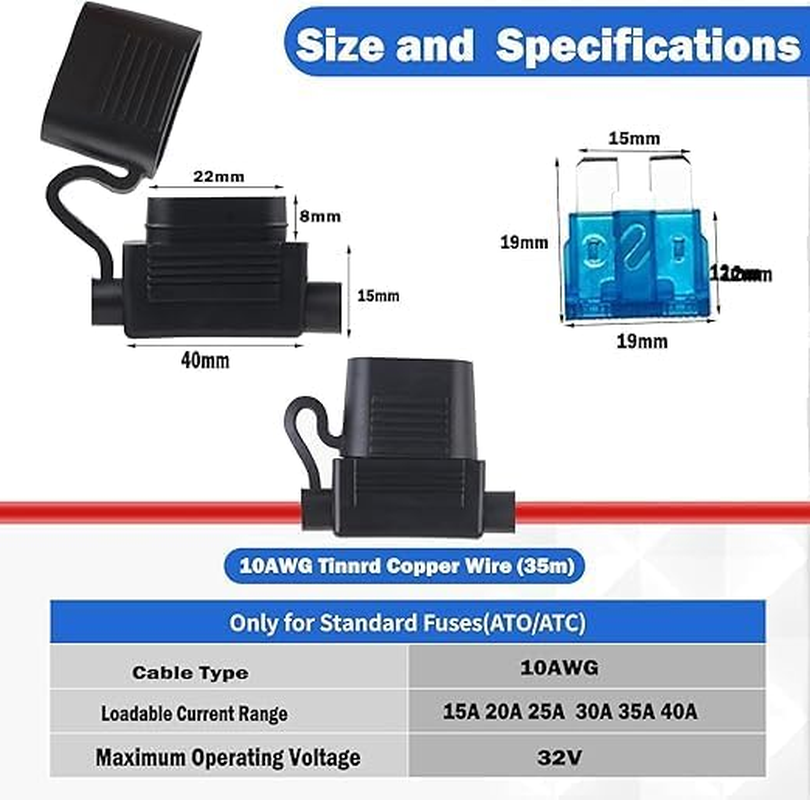 10 AWG Waterproof ATC/ATO Inline Fuse Holder with 24Pcs Standard Car Fuses (15A, 20A, 25A, 30A, 35A, 40A), 4 Packs of Automotive Replacement Fuses image number 3