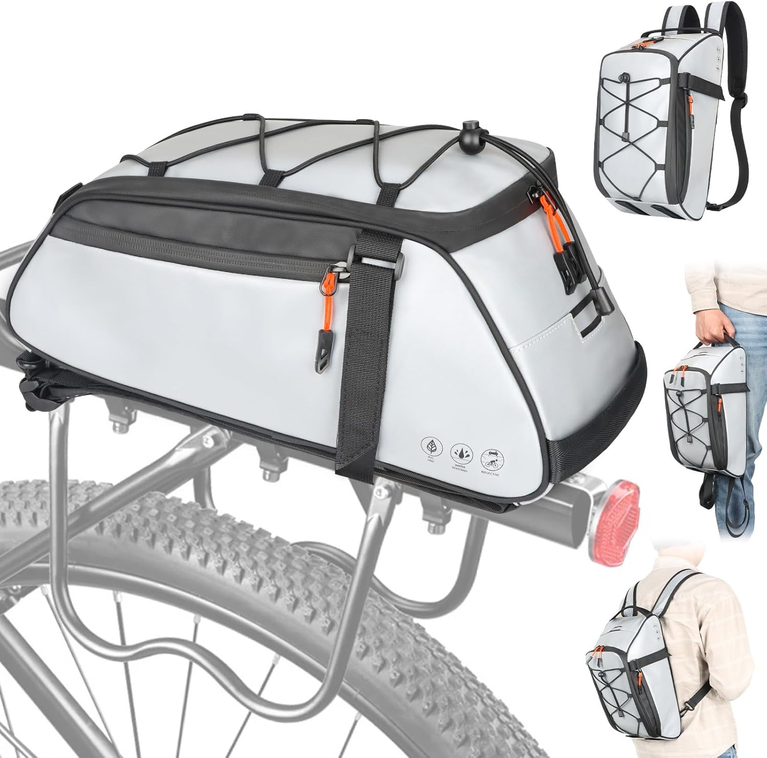 Huijukeji Bike Trunk Bag 360 &deg; Reflective Bicycle Backpack 12L Rear Bike Cargo Rack Bags Storage Pannier Saddle Bag 3-In-1 Multifuction Waterproof Travel Accessories Expandable Luggage Trunk Bag