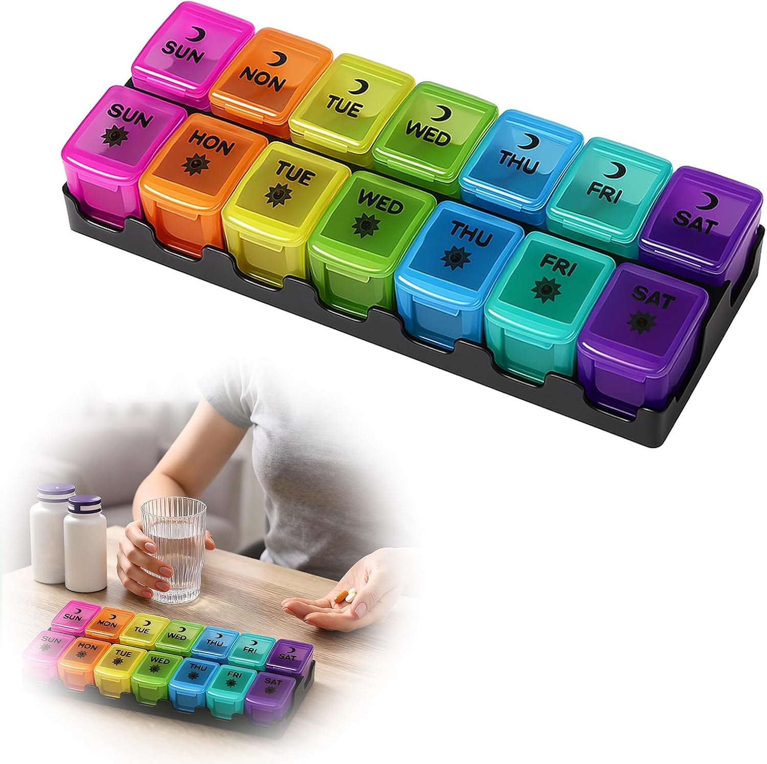 7 Day Medication Organizer Daily Pill Box - Push Button Open, 14 Large AM/PM Compartments for Vitamins/Fish Oil/Supplements, Weekly Pill Container for Seniors (Colorful) image number 6