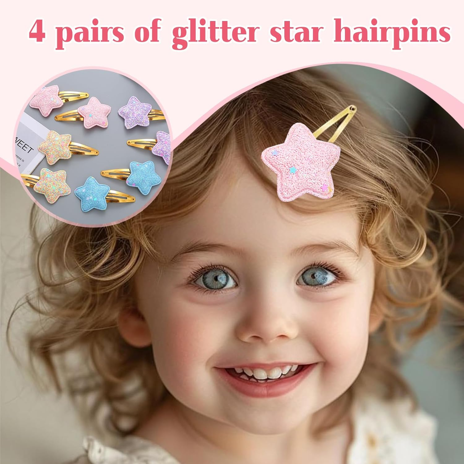 Lilbitty 4 Pairs Glitter Hair Clips for Girls - Cute Star Hair Clips for Kids, Colourful Glitter Hair Clips for Toddlers, Idea for Birthday Parties image number 4