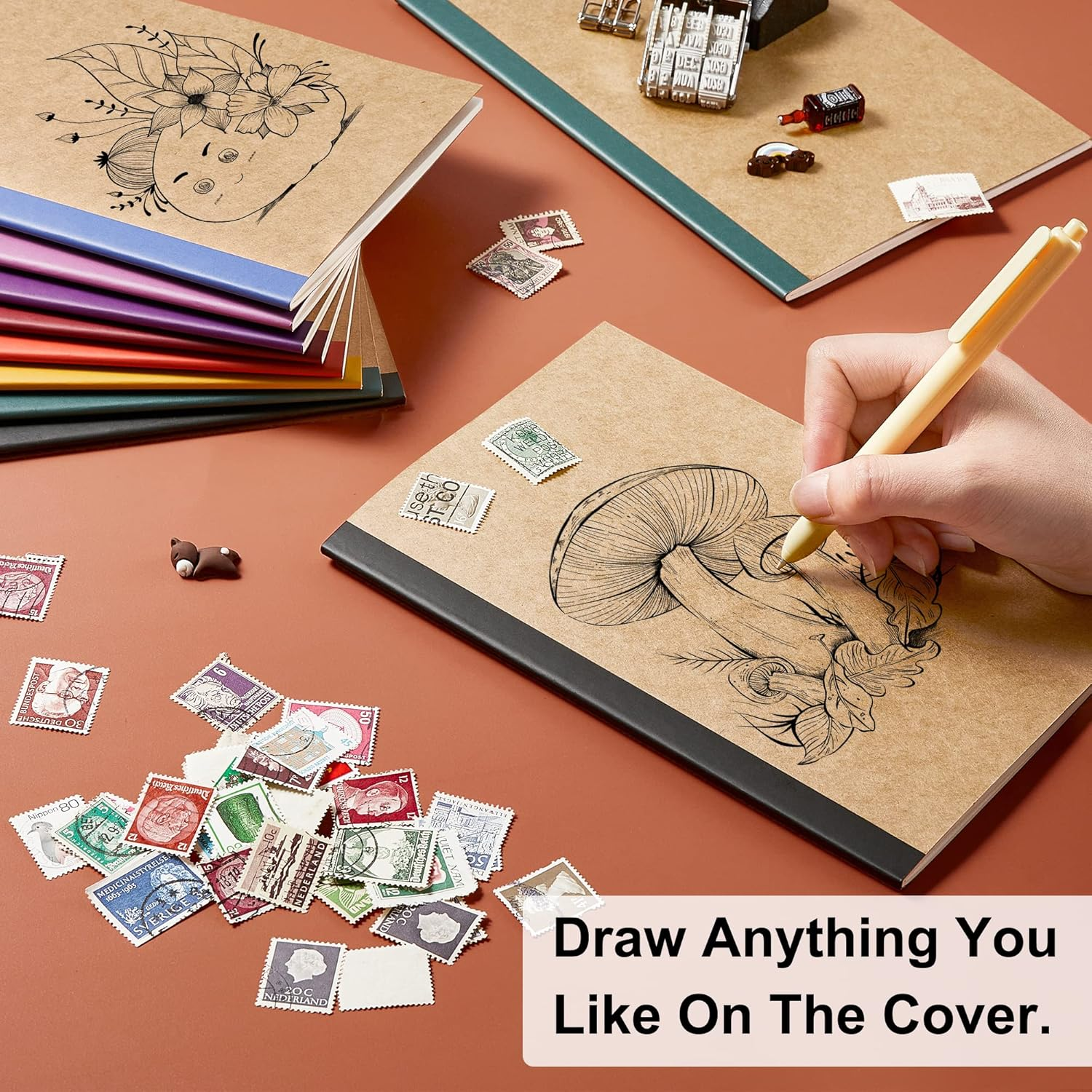 Feela Kraft Notebooks, 16 Pack Kraft Cover Lined Blank College Ruled Travel Journals with Vintage Colours Spines for Women Students Office, 60 Pages, 8.3&rdquo;X 5.5&rdquo;, A5, 8 Vintage Colours image number 3