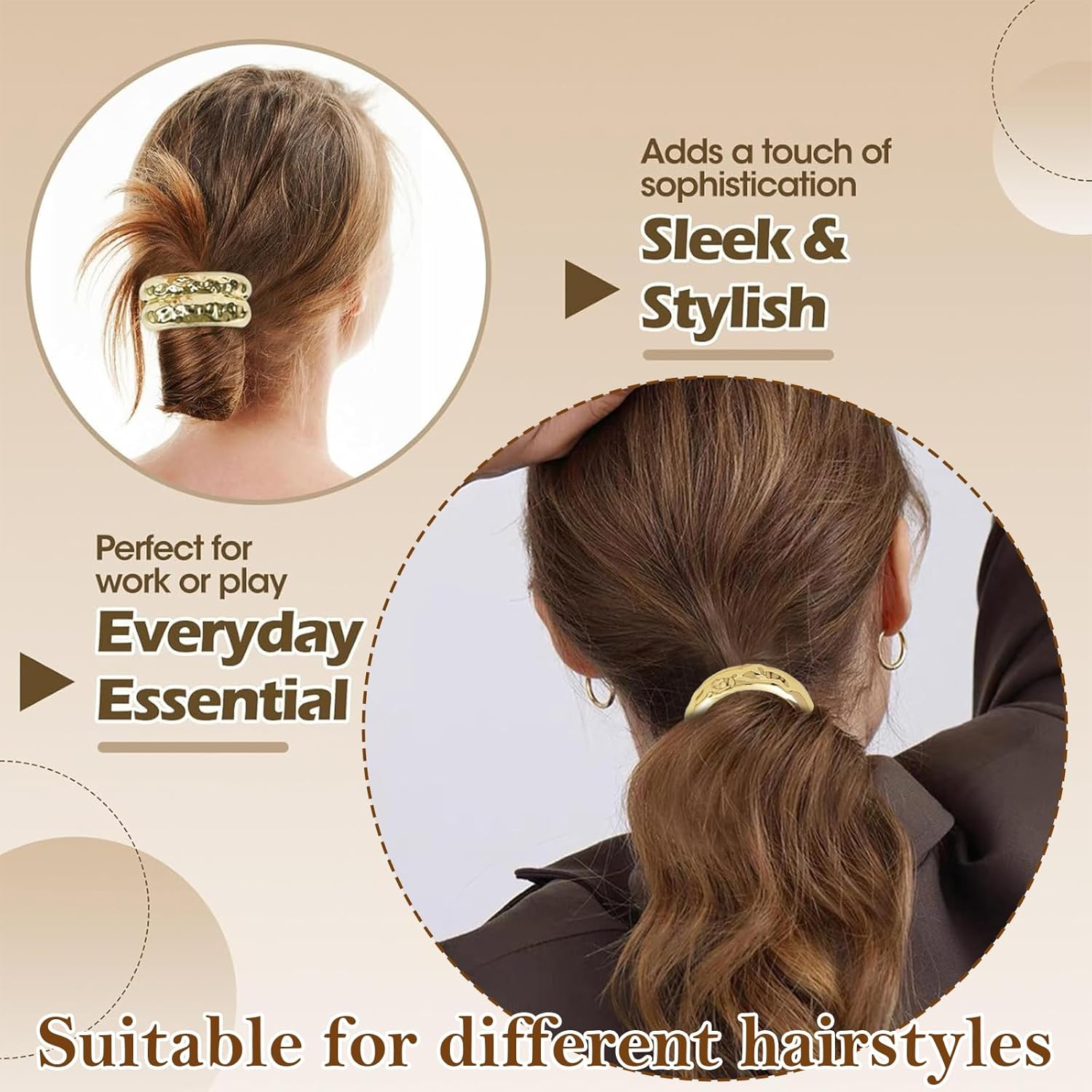 ASOMI Pack of 3 Metal Hair Bobbles, Metal Hair Cuffs, Elastic Hair Band, Geometric Golden Scrunchies Hair Scrunchies Holder, for Women and Girls image number 4