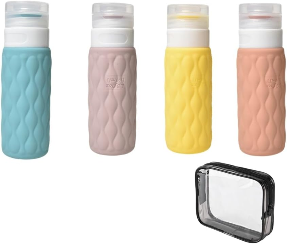 4 Pack Travel Bottles for Toiletries with Labels, 100 Ml Silicone Travel Bottles Set with Clear Zipper Toiletry Bag, Leakproof Refillable Squeeze Travel Size Containers for Shampoo Conditioner image number 2