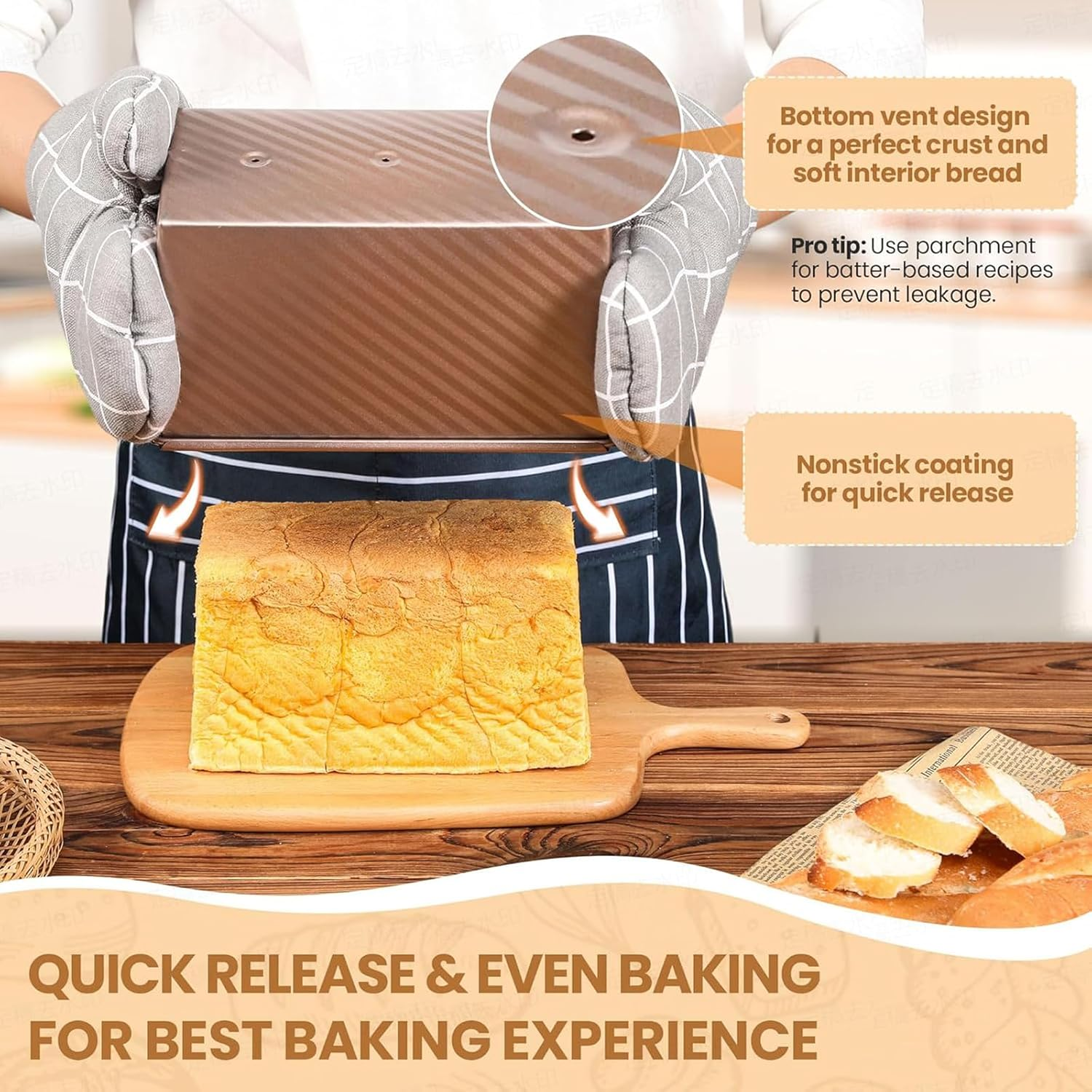 Swascoger Pullman Bread Pan with Lid, 1Lb Non-Stick Carbon Steel Loaf Pan - Corrugated Bakeware Mold for Perfect Sandwich & Toast Bread, Large Capacity Baking Tool image number 6