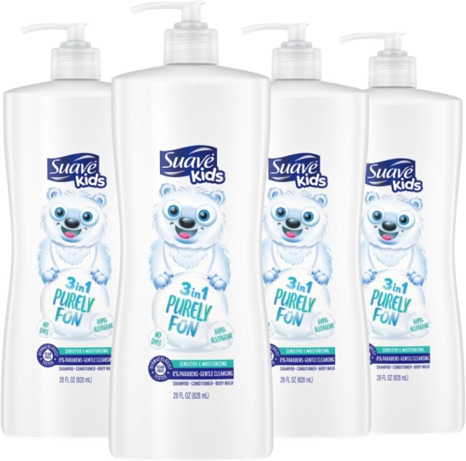 Suave Kids 3-In-1 Shampoo Conditioner Body Wash Purely Fun 4 Count Makes Bath Time Quick and Easy, Paraben Free and Dermatologist Tested Kids Shampoo 3 in 1 Formula 28 Oz image number 1