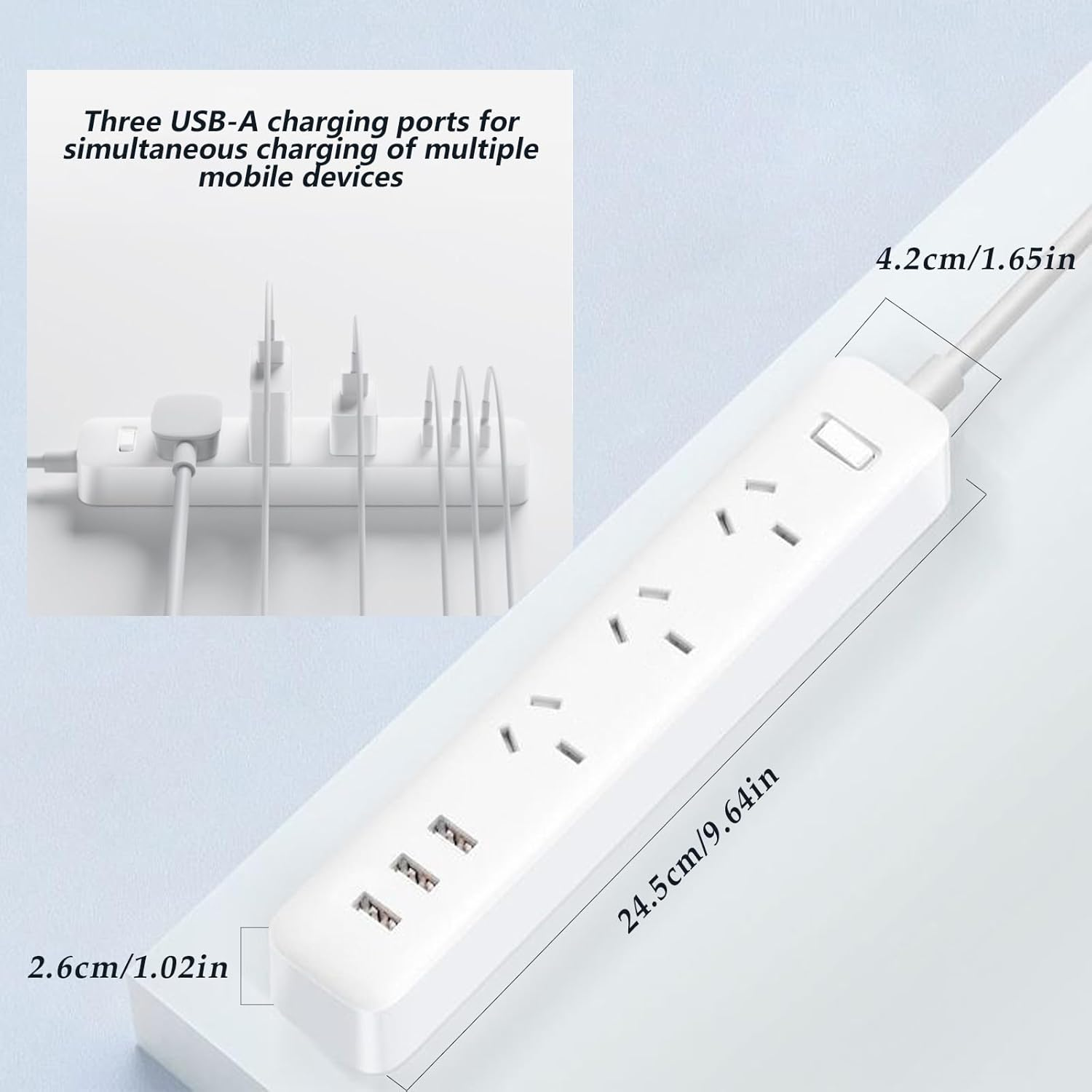 Power Board 2500W 10A,Power Strip with 3 Widely Outlets, 5M Extension Cord Powerboard with 3 USB Ports,Au Overload Protection Outlets for Home and Office Accessories Use (White) image number 2