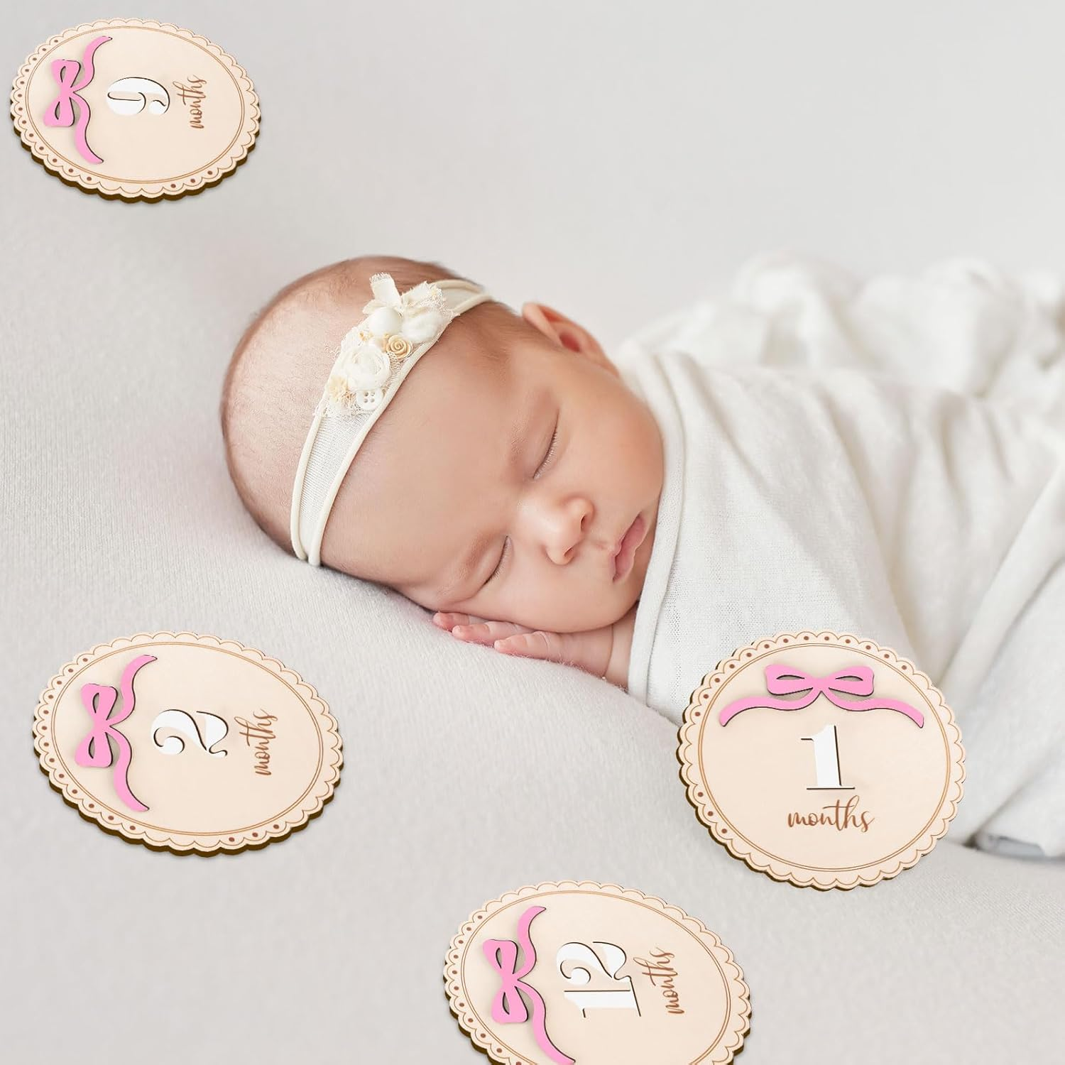 12 Pcs Pink Bow Baby Monthly Milestone Cards Bowknot Wooden Marker Discs Month Announcement Sign for Pregnancy Newborn Baby Growth Photo Prop Decor Supplies image number 4