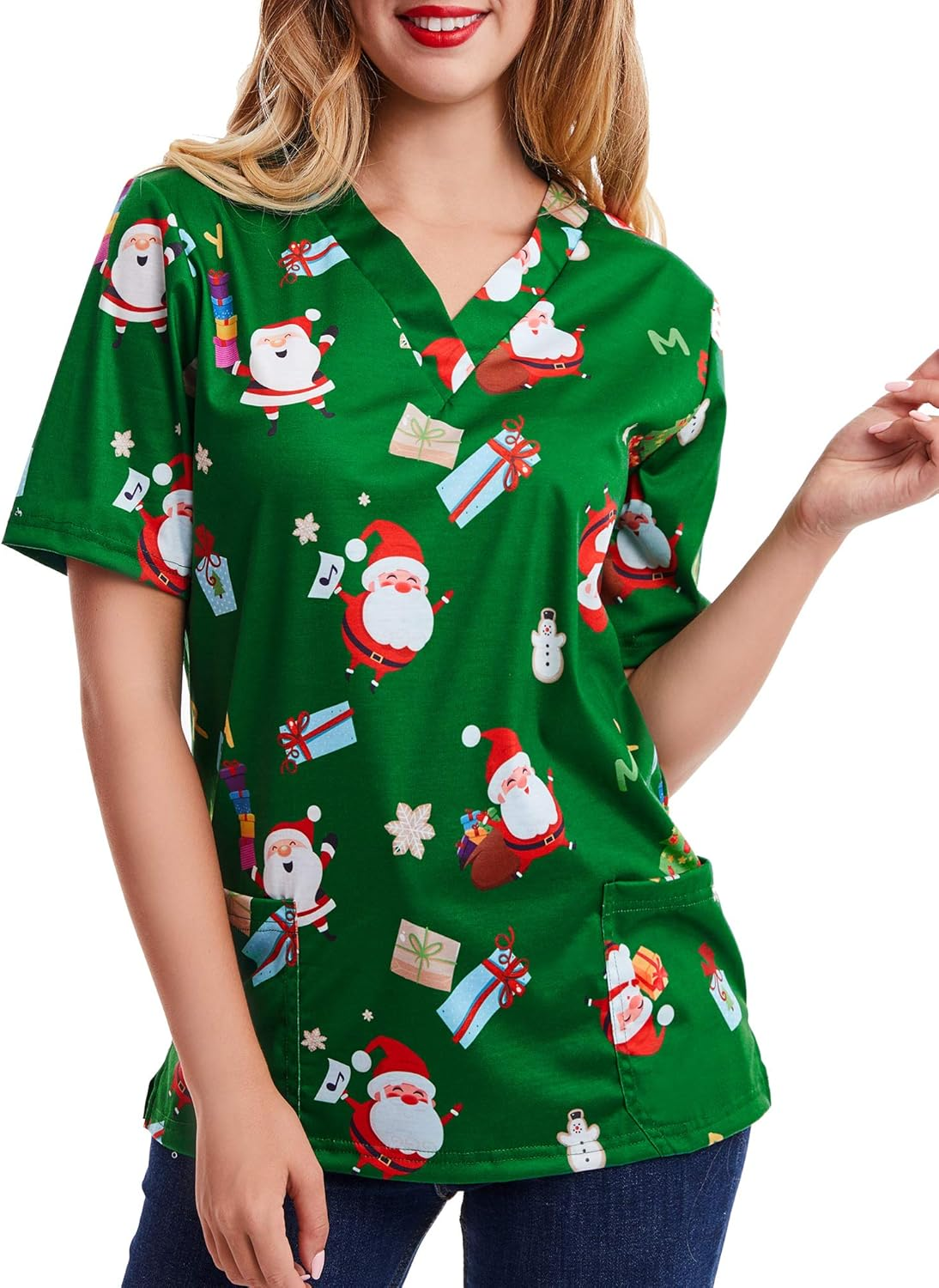 SATINIOR Women Mock Wrap Top Holiday Christmas Print Neck Shirt, Christmas Green image number 3