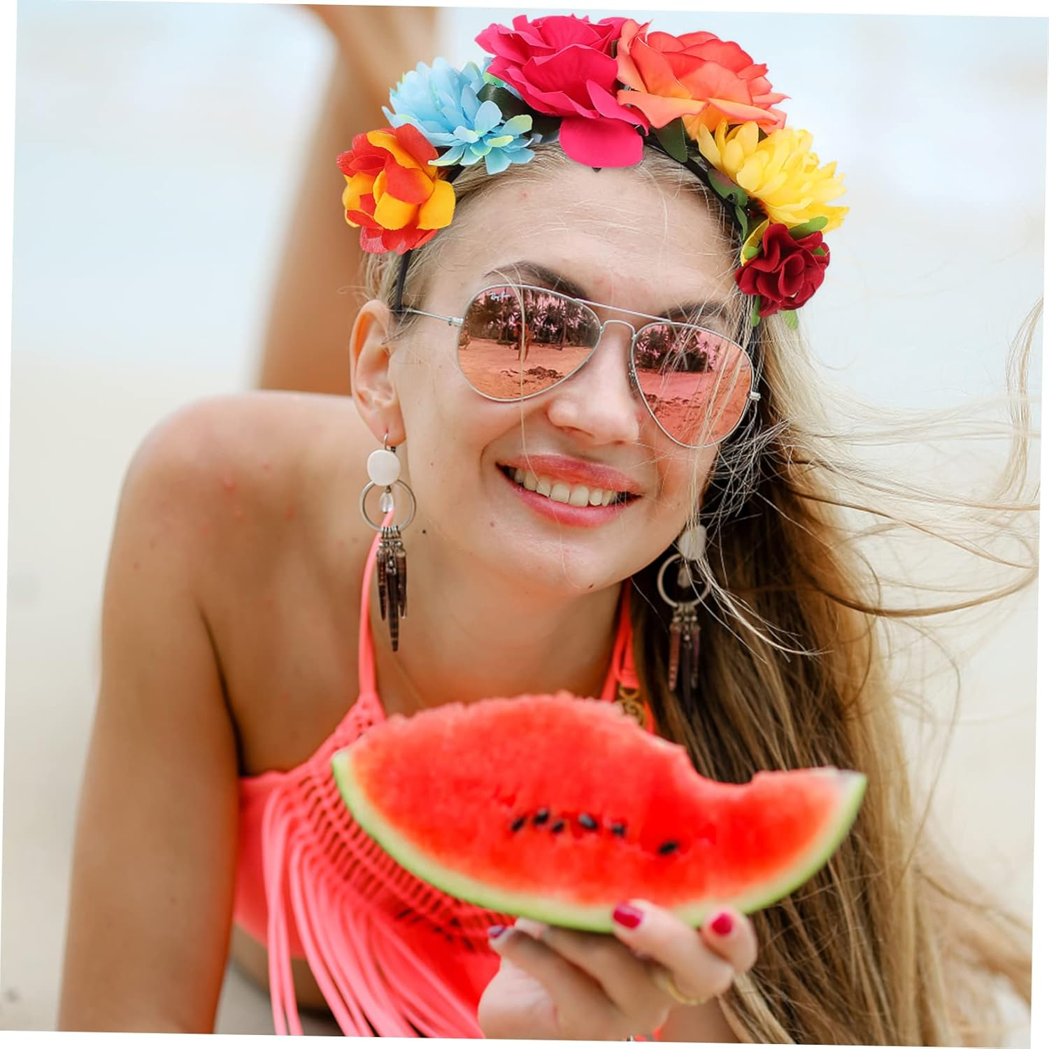 Attractive Hawaiian Rose Flower Headband, Wide Band Floral Hairband for Women, Party Decorative Hair Accessory Red and Orange Roses, Vacation Headdress for Warm Season Events image number 6