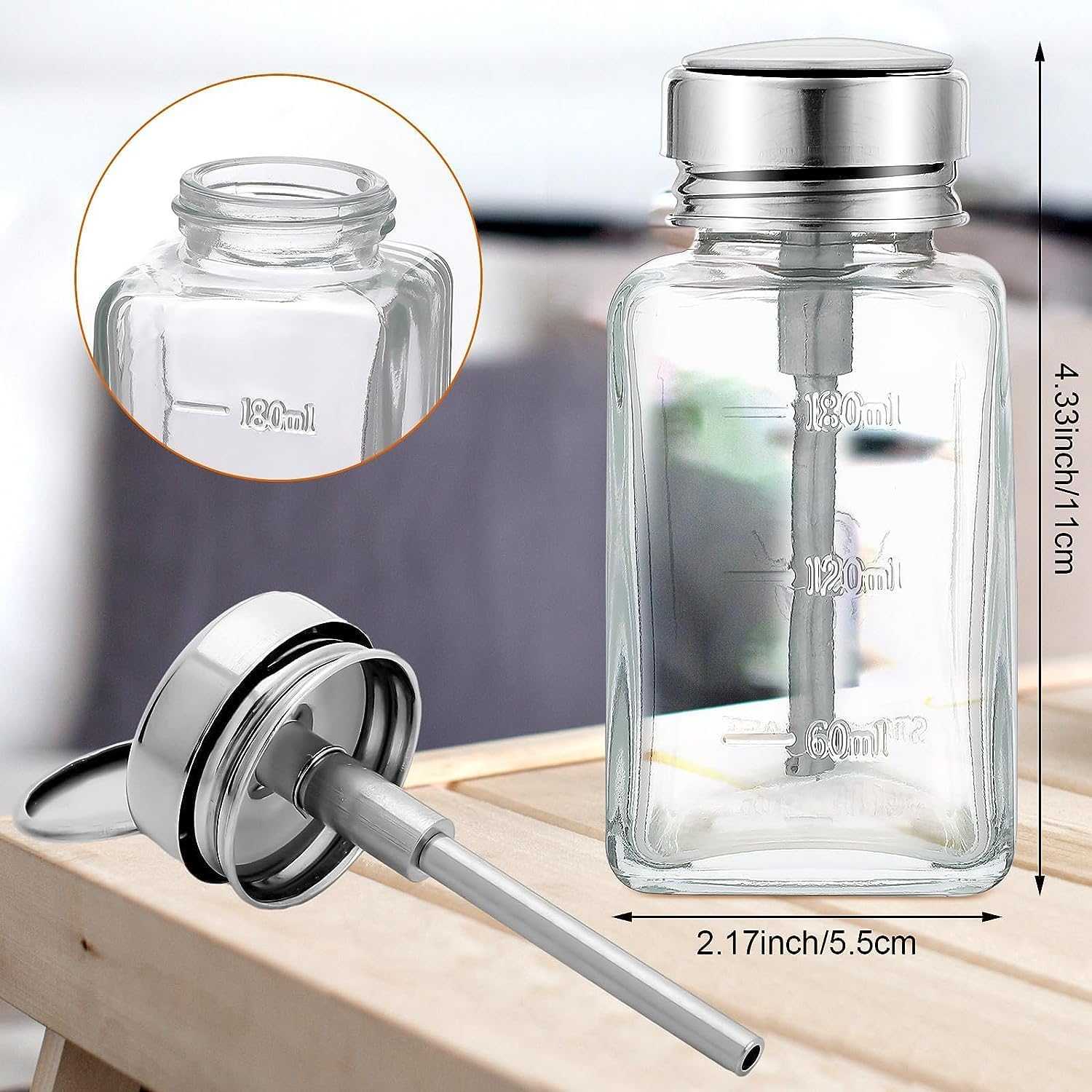 HEHIPLE 2 Pcs 6 Oz/ 180 Ml Clear Glass Pump Dispenser Bottle with Metal Flip Cover for Makeup Remover, Nail Polish Remover, Lotions, Soaps, Shampoos - Reusable, Leak-Resistant, Modern, Chrome Finish image number 1