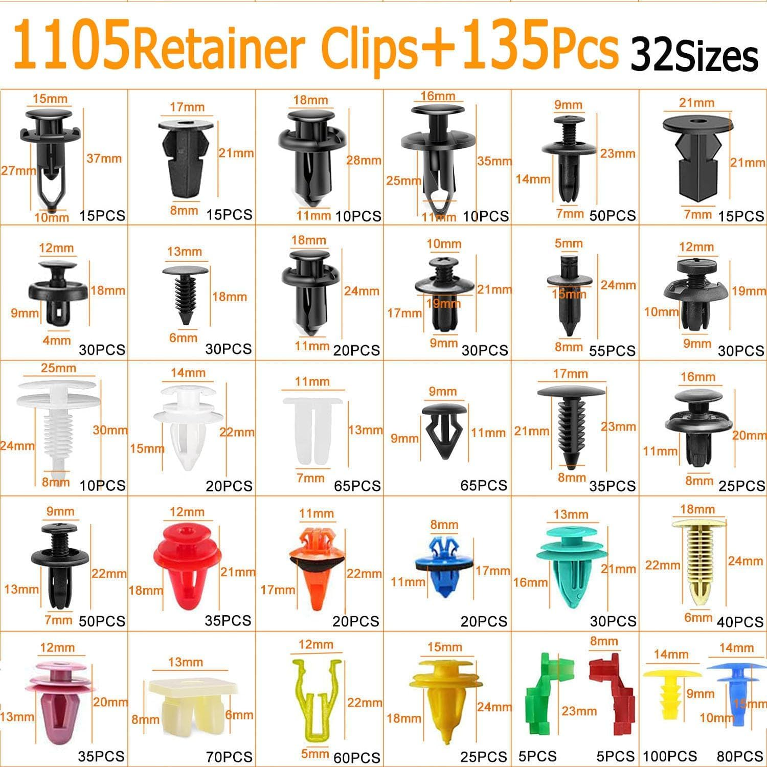 1240Pcs Car Push Retainer Clips & Auto Fasteners Kit - 32 Most Common Sizes of Nylon Bumper Fender Rivets with 10 Cable Ties and Fastener Remover, Car Push Retainer Clips Set, Universal for All Cars image number 3