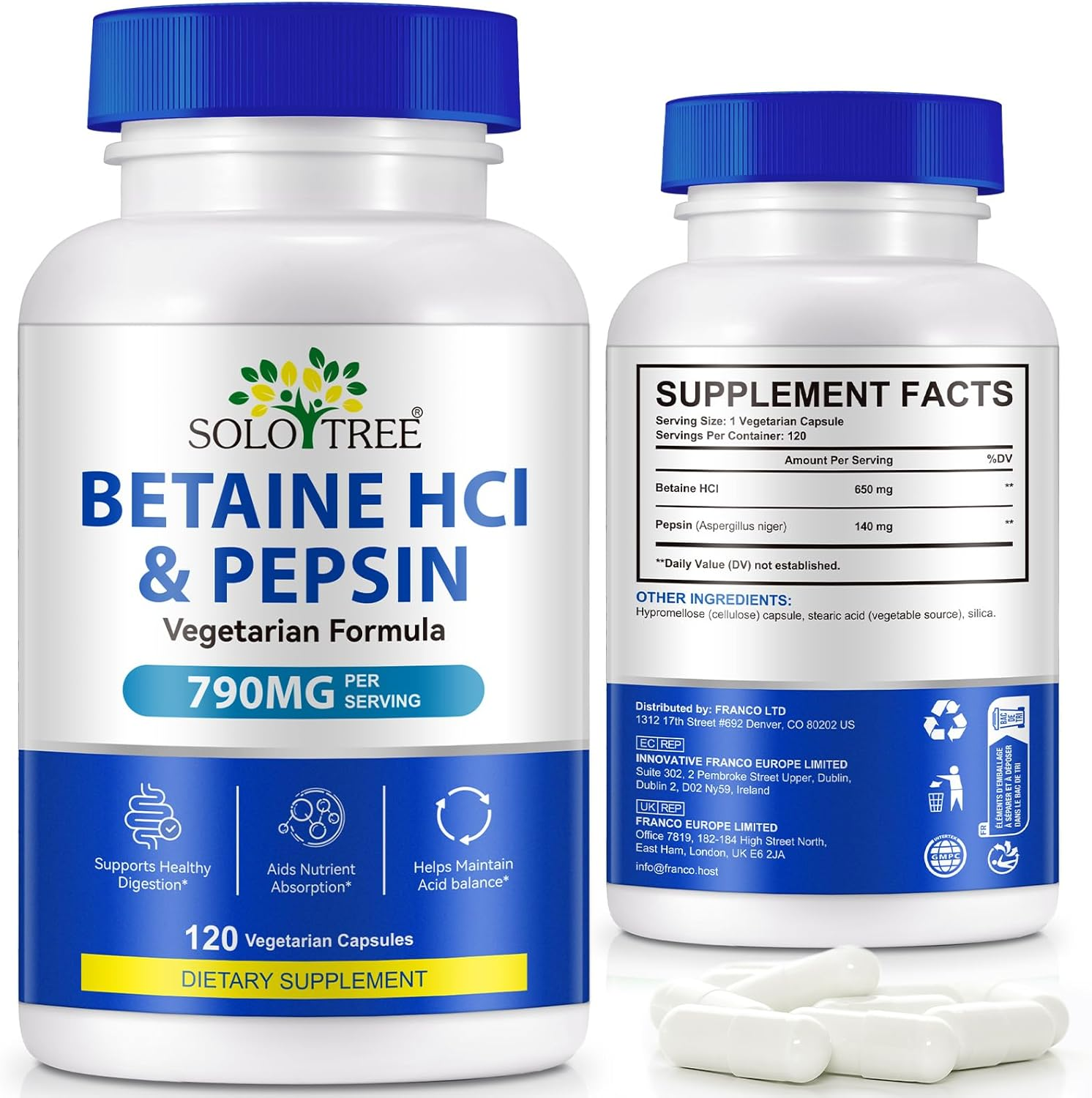 Betaine Hcl with Pepsin | 790Mg per Serving | Plant-Based Acid-Stable Enzyme | Vegetarian Formula | 120 Capsules image number 1