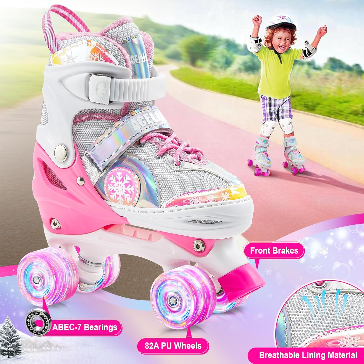 Acelufly Roller Skates for Girls Kids Beginners, Adjustable Quad Skates with All Light up Wheels