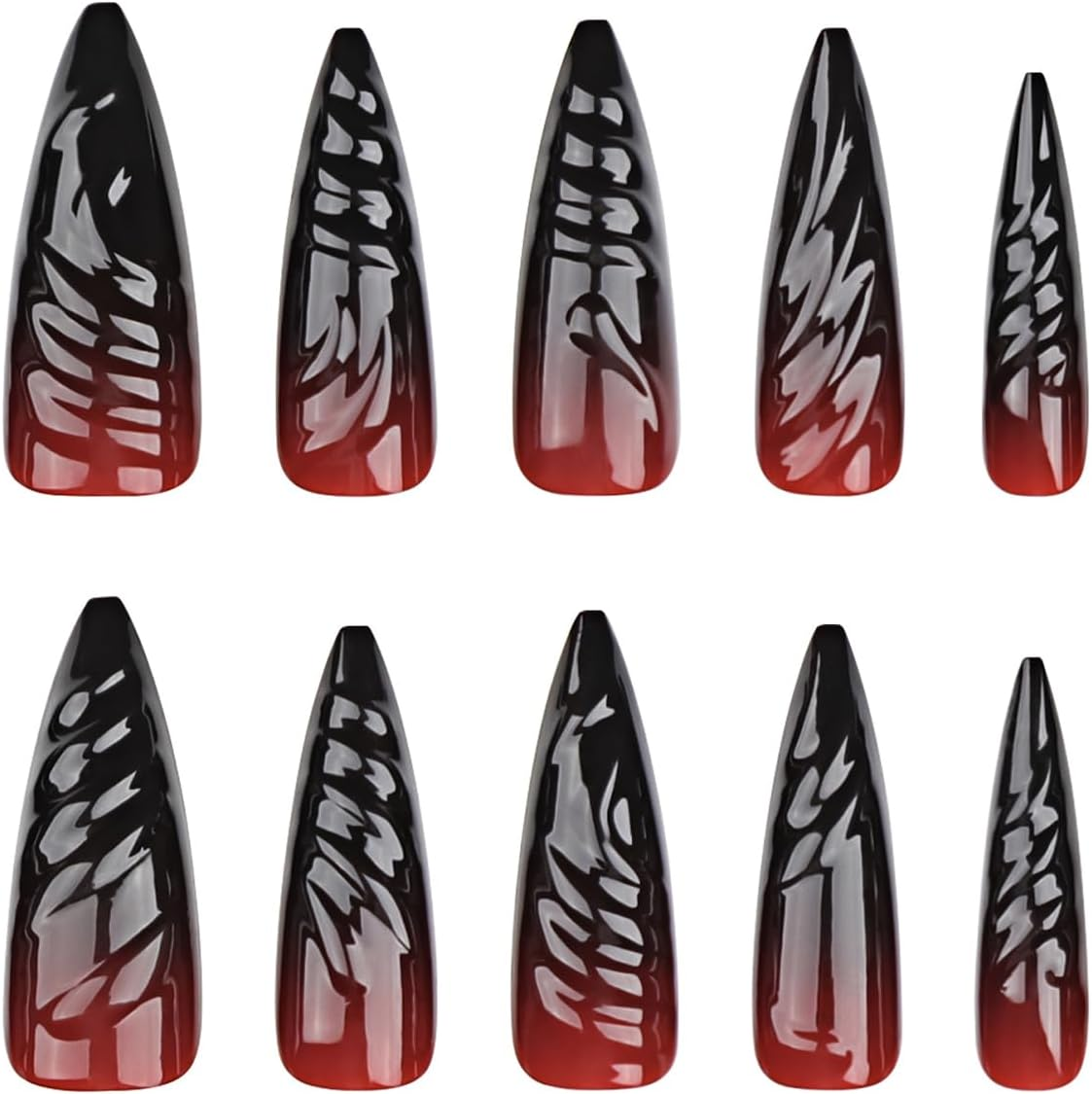 MISUD Stilettos Long Glossy Fake Nails Glue on Nails Gothic Almond Acrylic Fake Nails Gothic Red Black Gradient Fake Nails 3D Design Fake Nails 24PCS image number 1