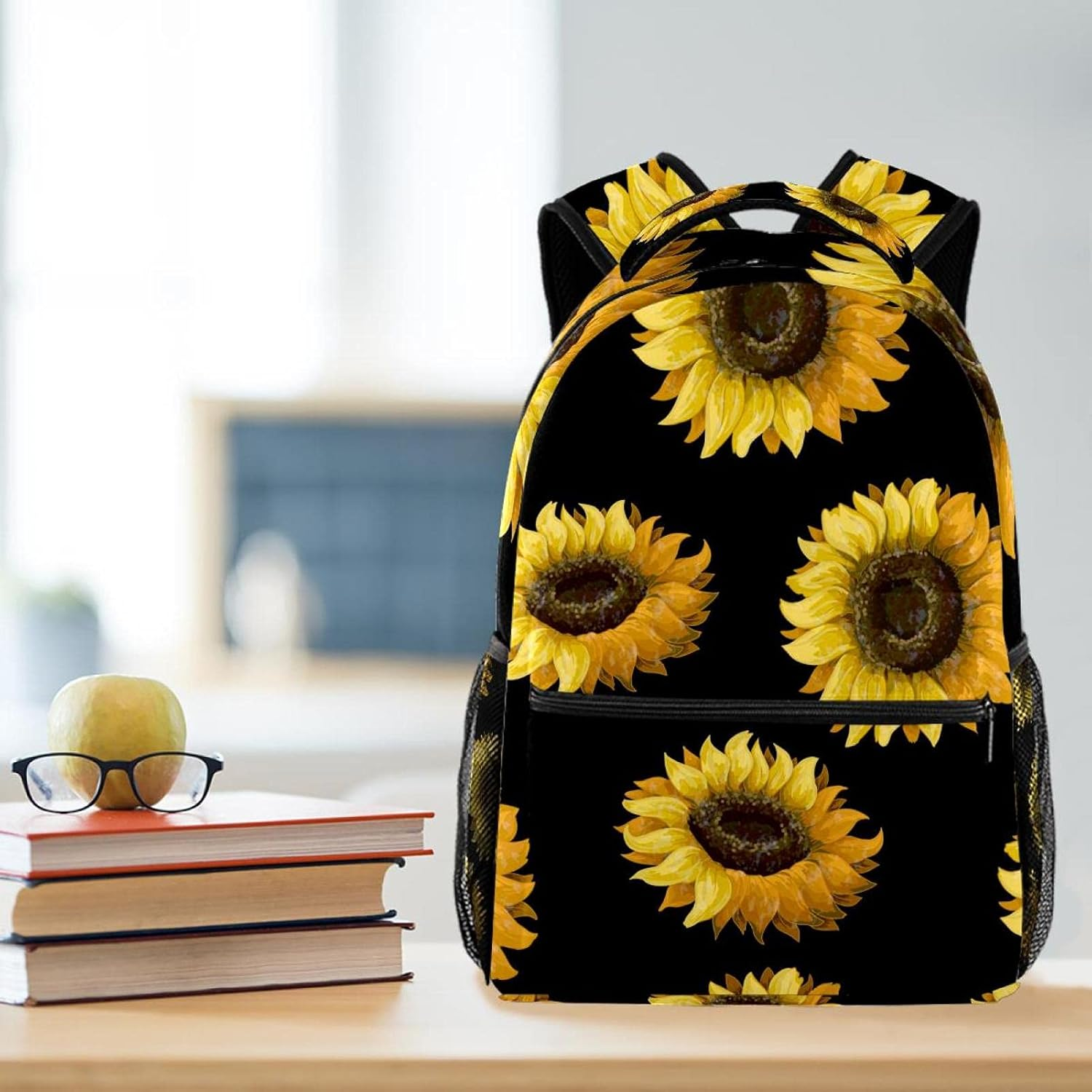 Sunflowers on a Black Background Backpack Students Shoulder Bags Travel Bag College School Tote Backpacks