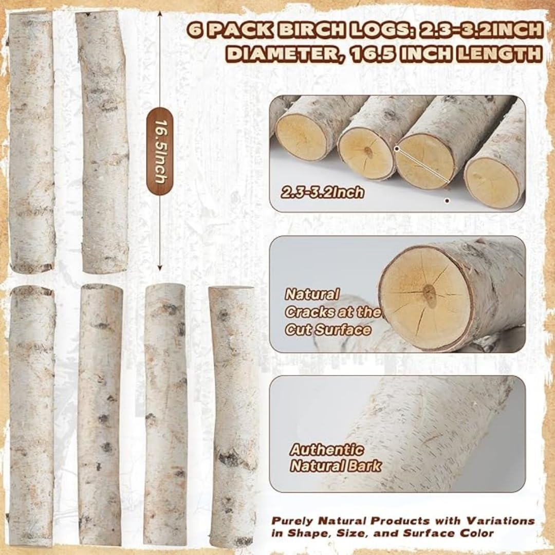 6Pack Birch Wood Logs Decorative Gas Fireplace Logs for Fireplaces D&eacute;cor Birch Poles Branches for DIY Crafts, Fire Wood for Fire Pit,Rustic Wood Decor Indoor/Outdoor(2.3"-3.2" Dia. X 16.5" Length) image number 1
