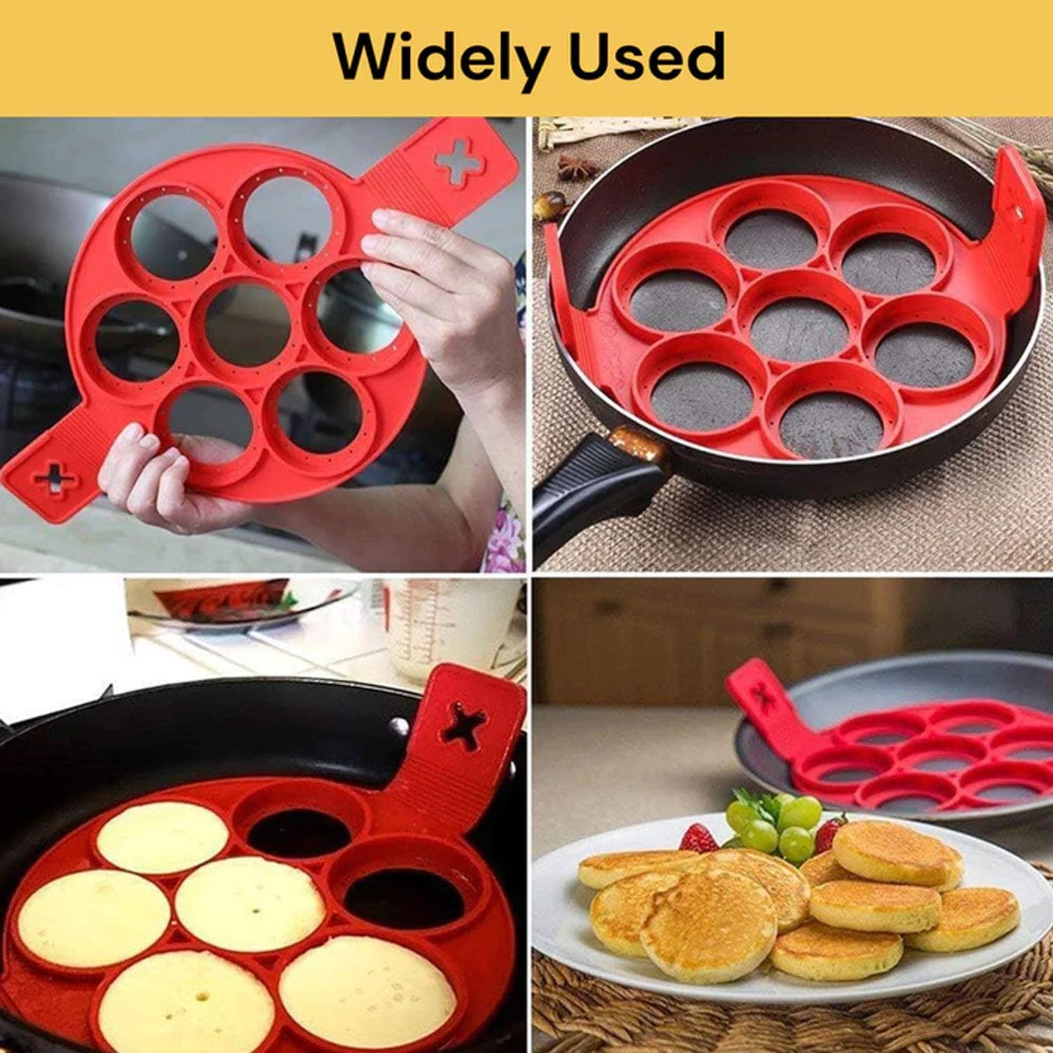 EZONEDEAL Pancake Mold Maker, Breakfast Mold Flip Cooker, Silicone 7 round Nonstick Egg Rings Set, Great for Cooking Fried Eggs, Hash Browns, Crumpets, Omelets on Griddle for Your Loved Ones-Red image number 2
