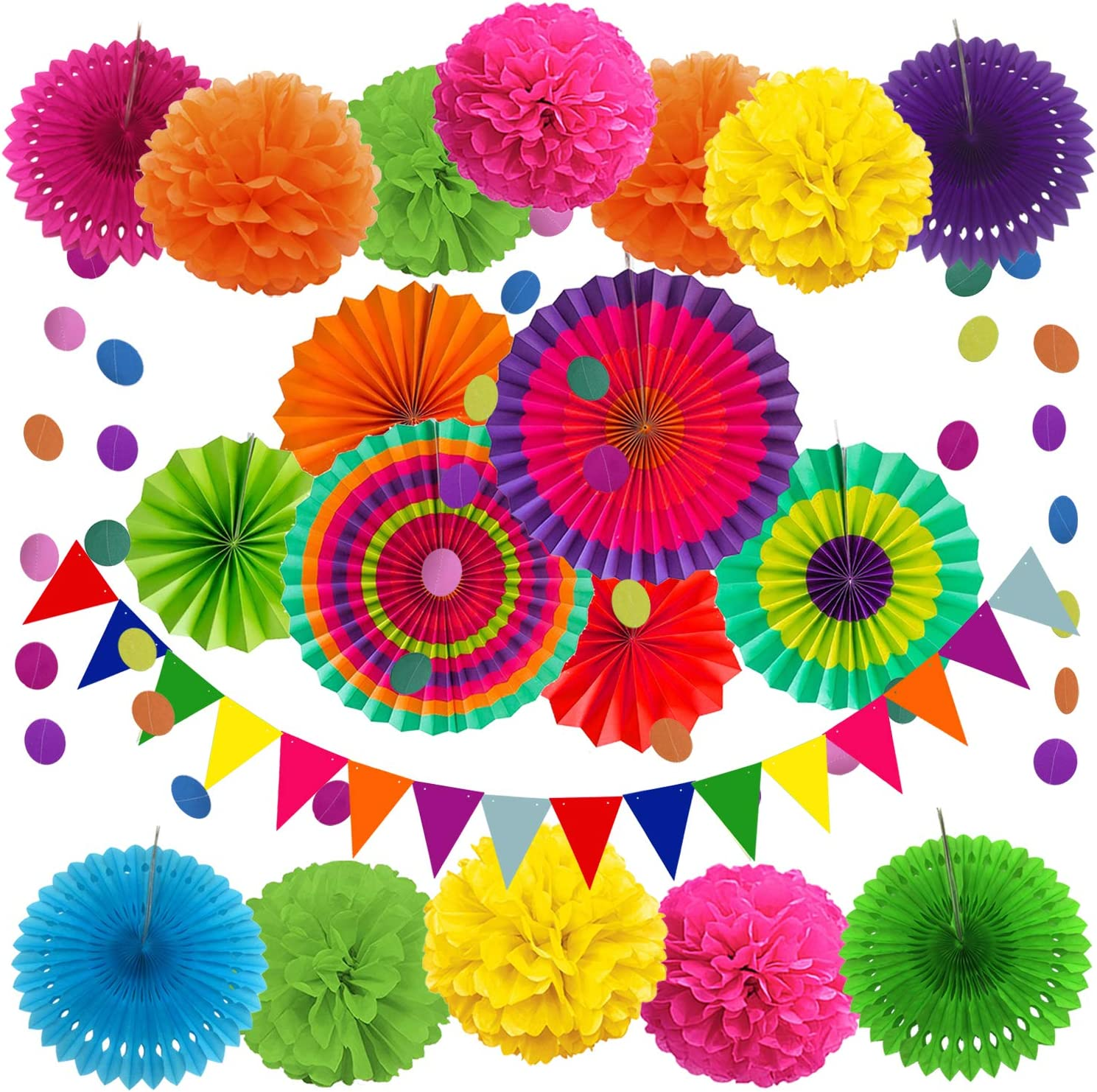 ZERODECO Party Decoration, 21 Pcs Multi-Color Hanging Paper Fans, Pom Poms Flowers, Garlands String Polka Dot and Triangle Bunting Flags for Birthday Parties, Wedding D&eacute;cor, Fiesta or Mexican Party image number 4