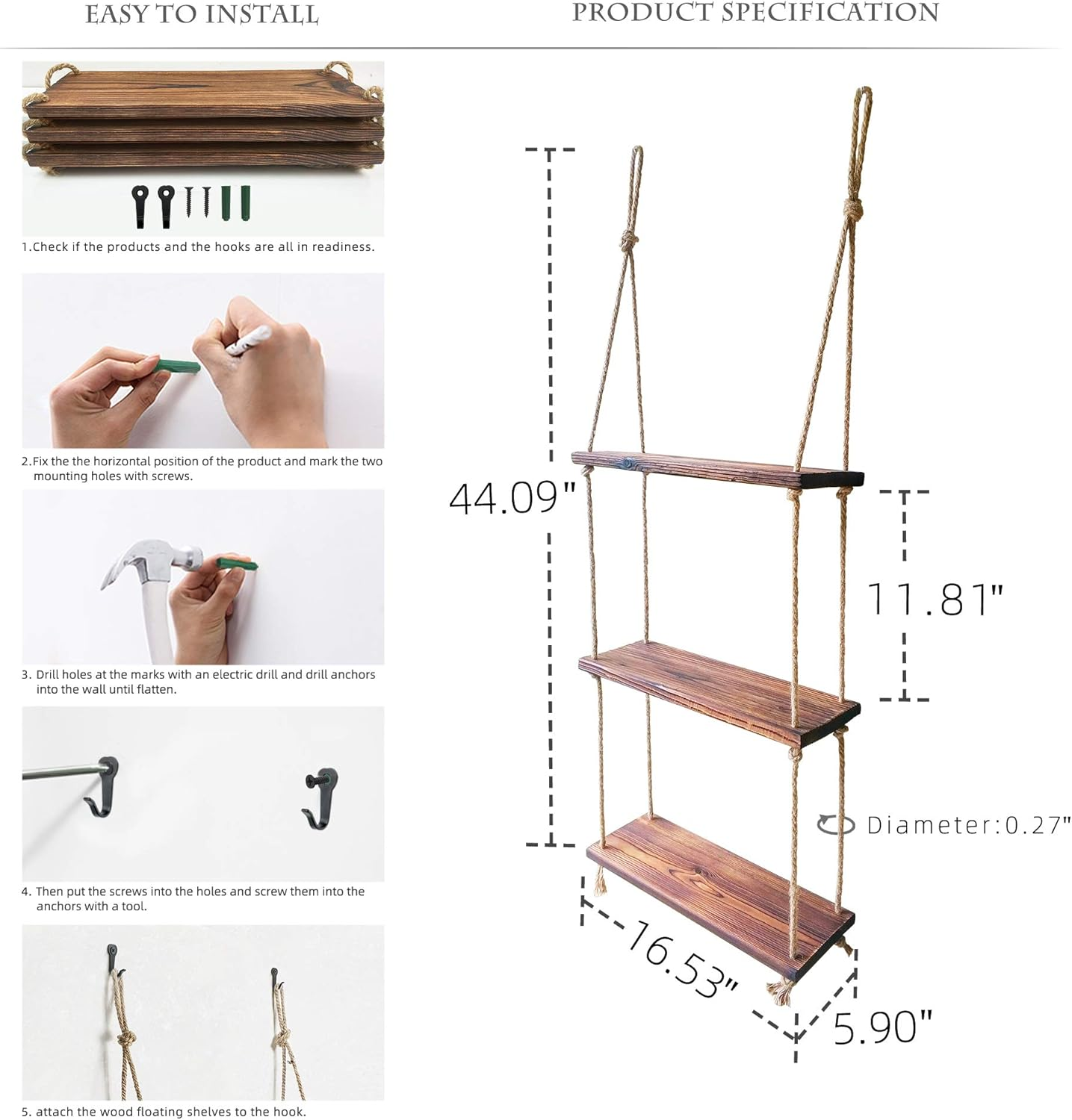 Hanging Shelves for Wall Rope Hanging Plant Shelf Rustic Wood Floating Shelf for Bathroom Bedroom Farmhouse Home D&eacute;cor image number 4