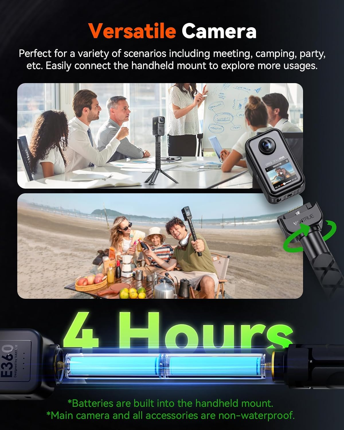 Vantrue E360 ACE 5.2K 360&deg; Panoramic Wifi Dash Cam, Handheld Camera, STARVIS 2, HDR, IR Night Vision, Front Rear inside Dashcam, Voice/Touch Control, GPS, 24/7 Buffered Parking Mode, Support 512GB Max image number 5