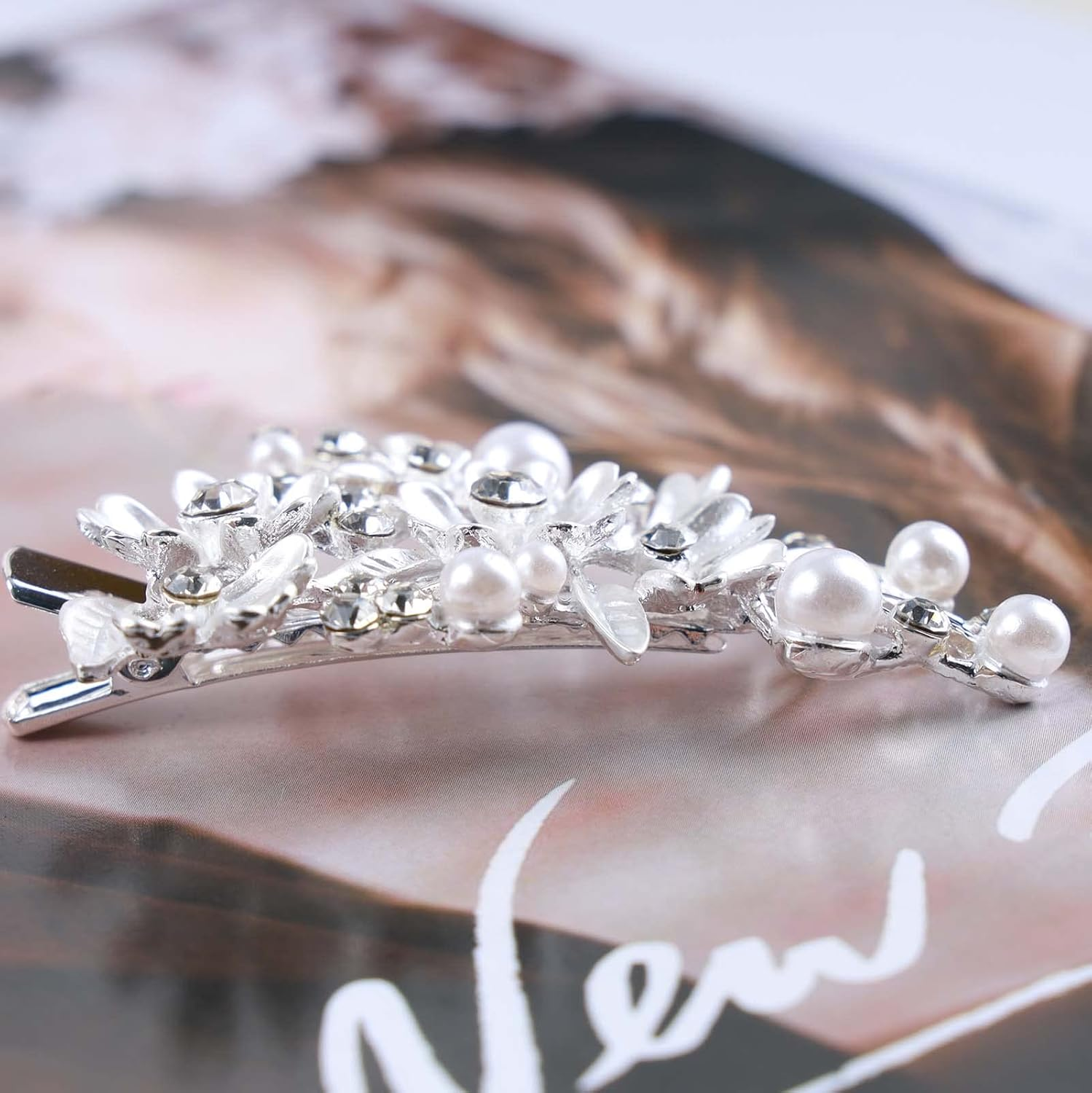 Tseenyi Rhinestone Flower Hair Clip Crystal Rhinestone Barrette Rhinestone Pearl Hair Clip Hair Pins Shiny Bridal Crystal Head Clip Hair Clip Silver Rhinestone Barrette Headpiece for Women and Girls image number 5