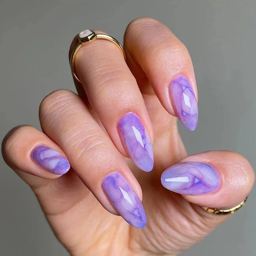 LYMCY Press on Nails French,Purple Halo Fake Nails, Artificial Nails for Women and Girls -24 Pcs image number 4
