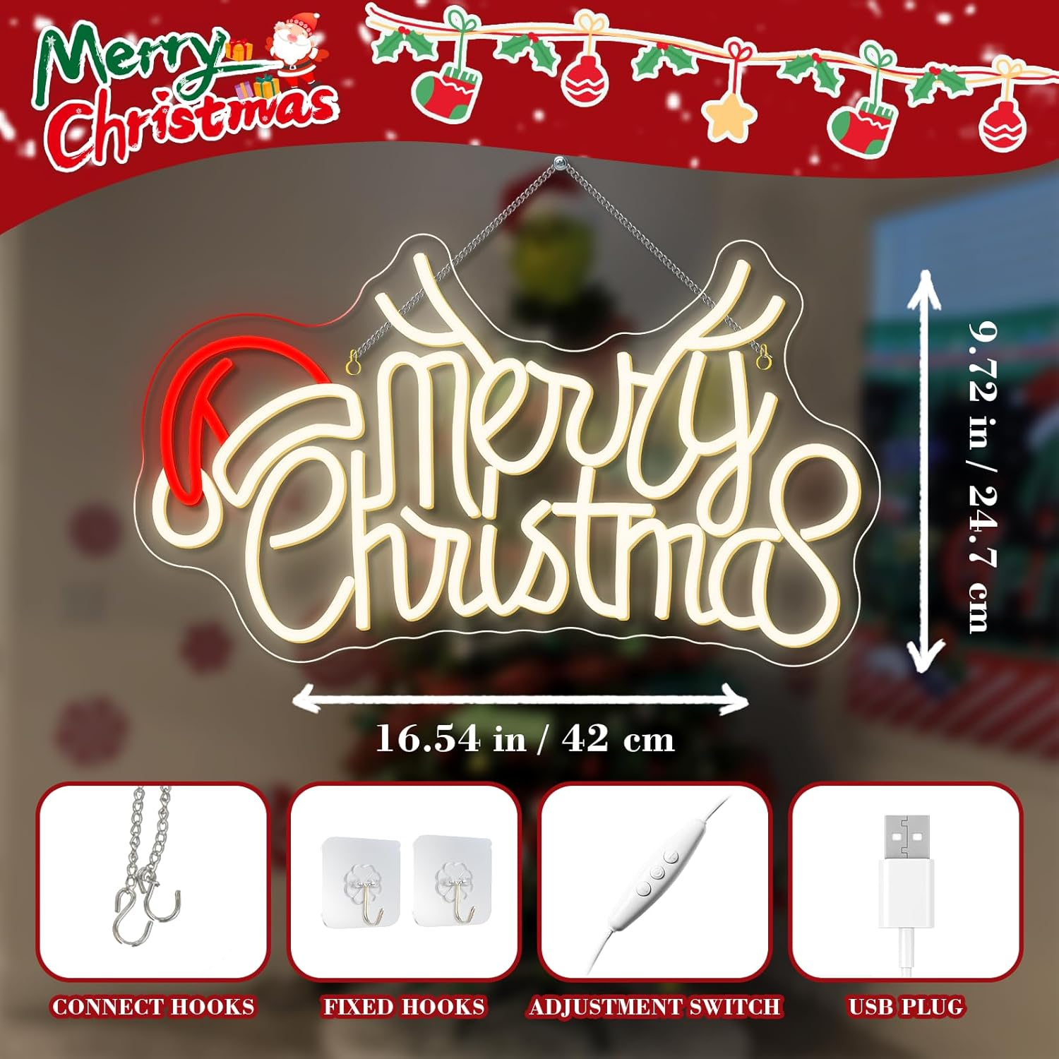 SIGNSHIP Merry Christmas Antlers Hat Neon Sign, Merry Christmas Elk Antlers Hat LED Sign, LED Lettering with Dimmable, Light Signs for Wall Decoration, Christmas Party, Bedroom, New Year Party image number 4