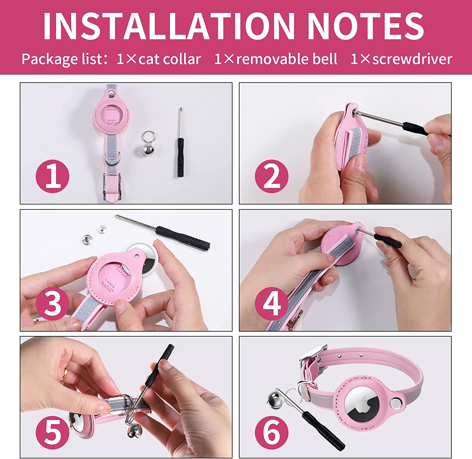 Airtag Cat Collar, Cat Collar with Bells, Reflective GPS Cat Collar, Cat Tracker Collar Leather Cat Collar for Cats (Black-S(9.3-12.0"))