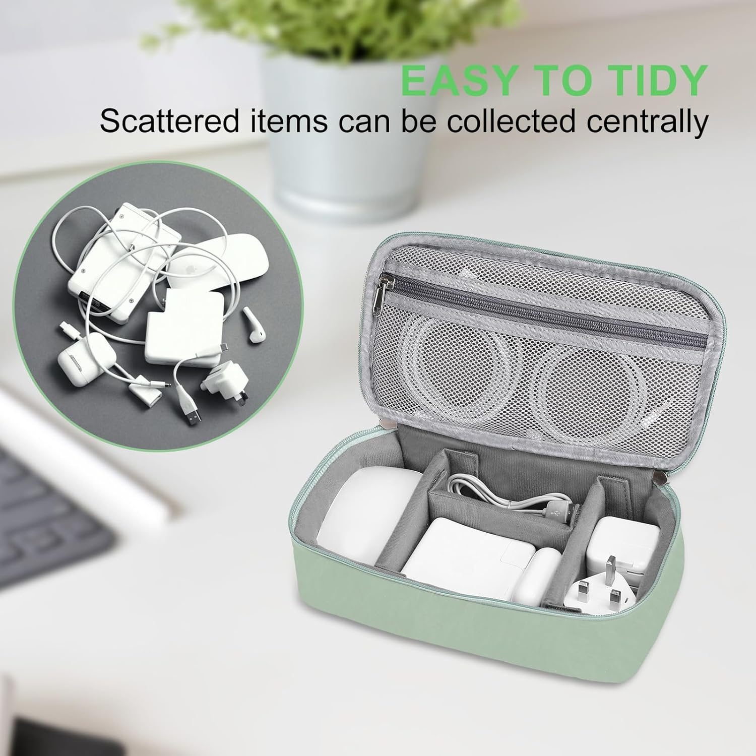 MOSISO Electronic Organizer Travel Case, Puffy Electronic Accessories Carry Case for Cable, Charger, Phone, Earphone, Mouse and Other Accessories, Portable Storage Bag with Handle, Antique Green - Black image number 5