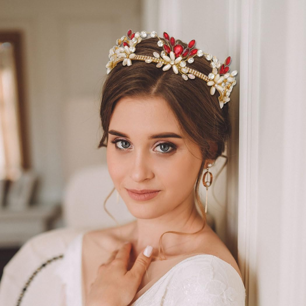 IYOU Princess Tiara Crown Red Rhinestone Crowns Pearl Jewellery Hair Accessories Birthday Party Christmas Headpiece for Women and Girls image number 5