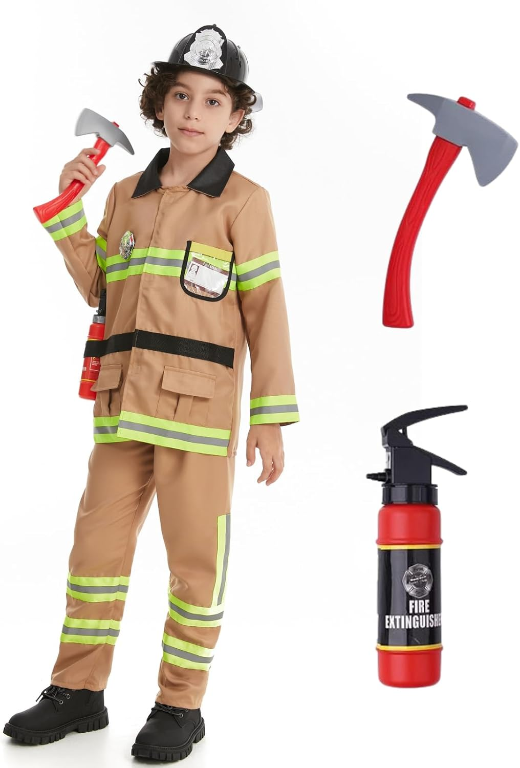 Tan Fireman Costume for Kids, Boys' and Girls' Firefighter Dress up (7 Pcs)