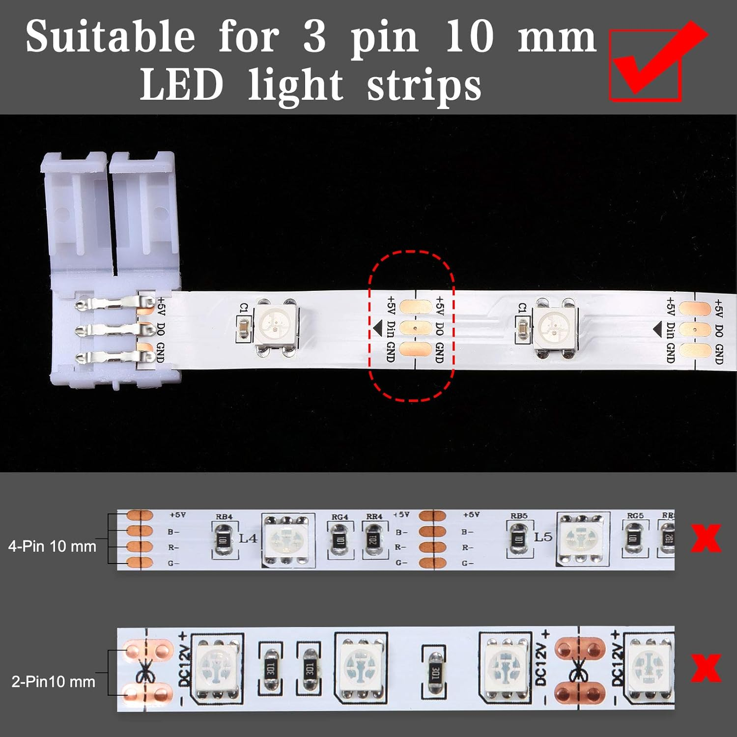 28 Pieces 3 Pin LED Connector LED Strip Solderless Light L Shape Lights Extension T Shape Solderless Adapter Connector 10 Mm for WS2811 WS2812B SK6812 Strip image number 3