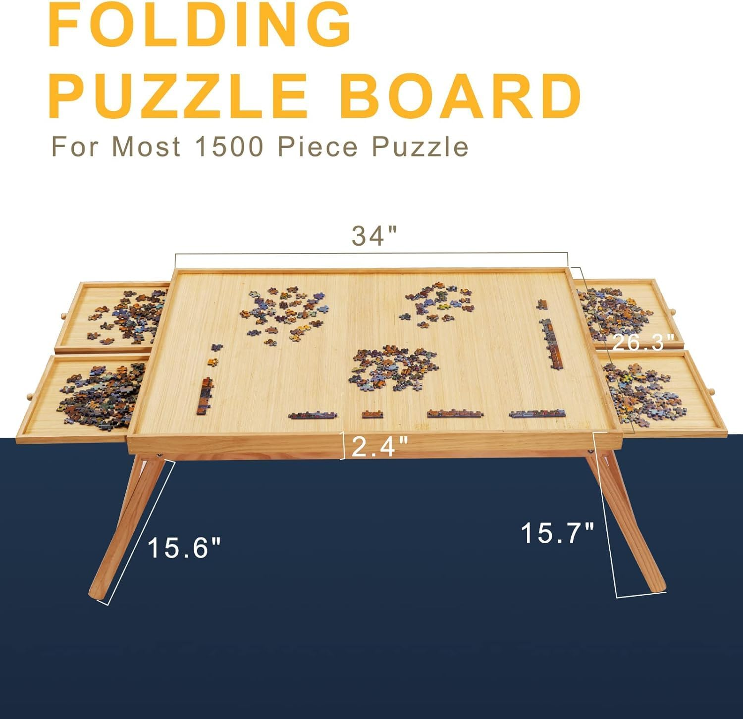 TEAKMAMA 1500 Piece Wooden Jigsaw Folding Puzzle Board, Puzzle Table with Legs and Protective Cover, 34&rdquo; X 26.3&rdquo; Jigsaw Puzzle Board with 4 Drawers & Cover, Portable Puzzle Tables for Adults - Natural image number 1