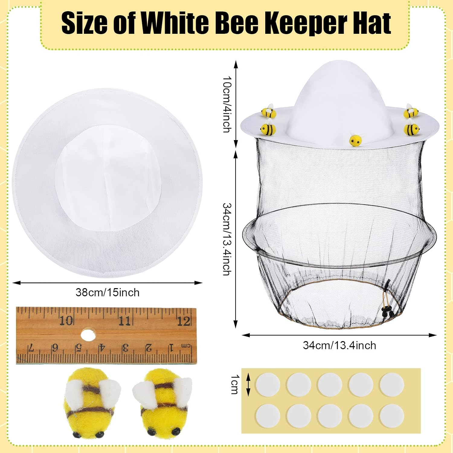 Unittype 22 Pcs Beekeeper Set Including 2 Bee Hat and Veil, 10 Wool Felt Bee, 10 round Double Sided Tape Beekeeping Helmet Bug Insect Hats with Netting for Beekeeper Catcher Halloween Costume image number 6