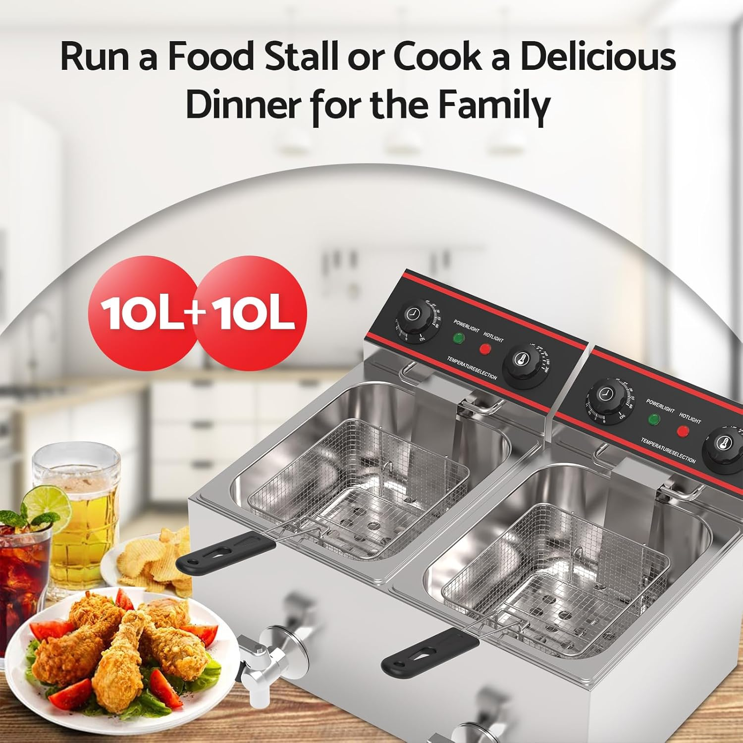 ADVWIN Electric Deep Fryer, 20L Commercial Deepfryer Stainless Steel Countertop Electric Commercial Household Fryer W/Time Control & Oil Filtration, for Commercial Restaurant Use, Adapter | Silver image number 3