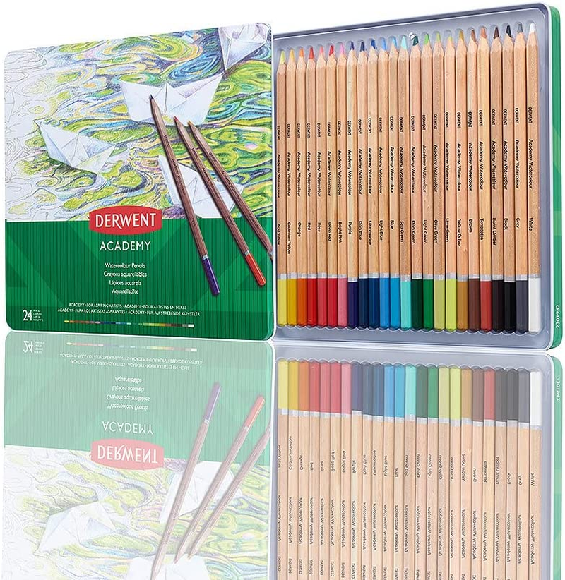 Derwent Academy Watercolour Pencils, Set of 24 in Tin, Multicolour Artist&rsquo;S Pencils, Ideal for Wet or Dry Colouring, Drawing & Illustration, Premium Hobbyist Quality