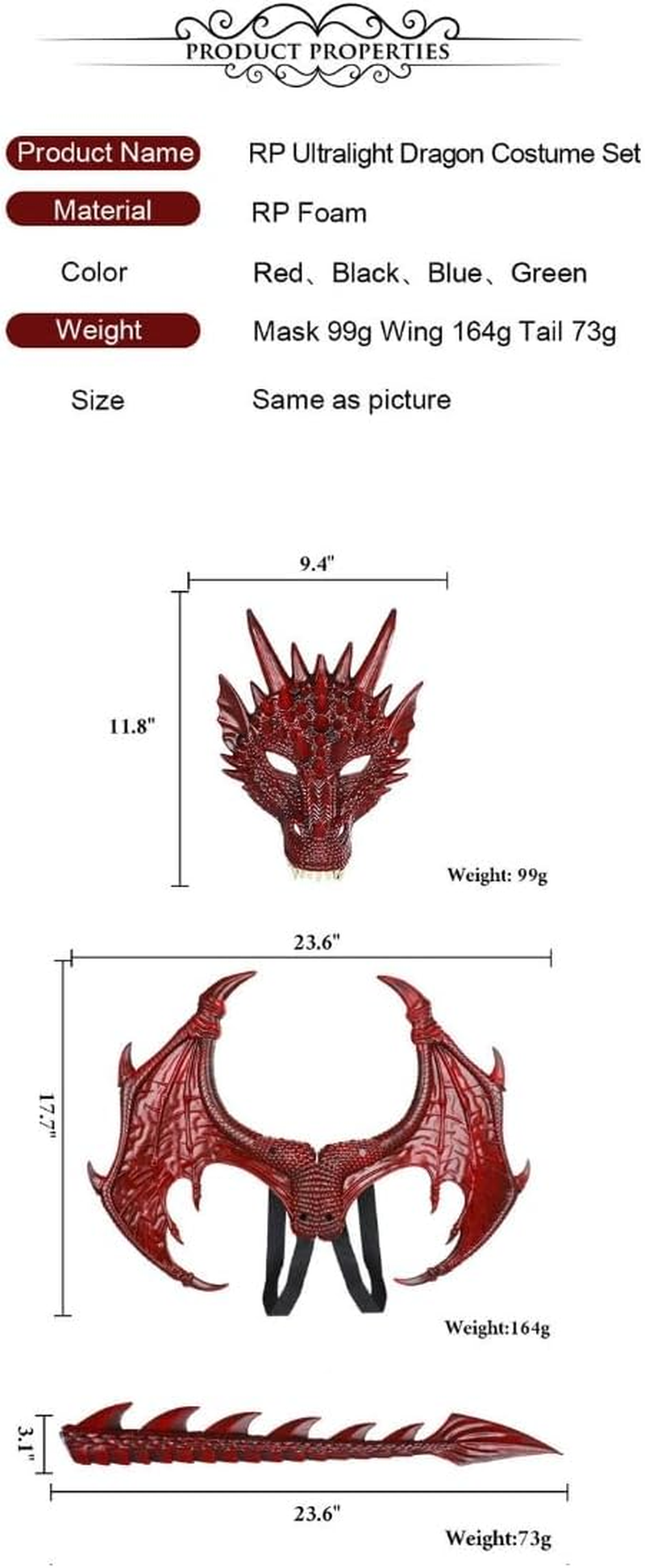 Costume Bay Dragon Wing Set with Mask and Tail, Waterproof and Foldable, Soft Non-Toxic Material, Perfect for Dragon or Vampire Cosplay, Halloween, and Costume Parties image number 3