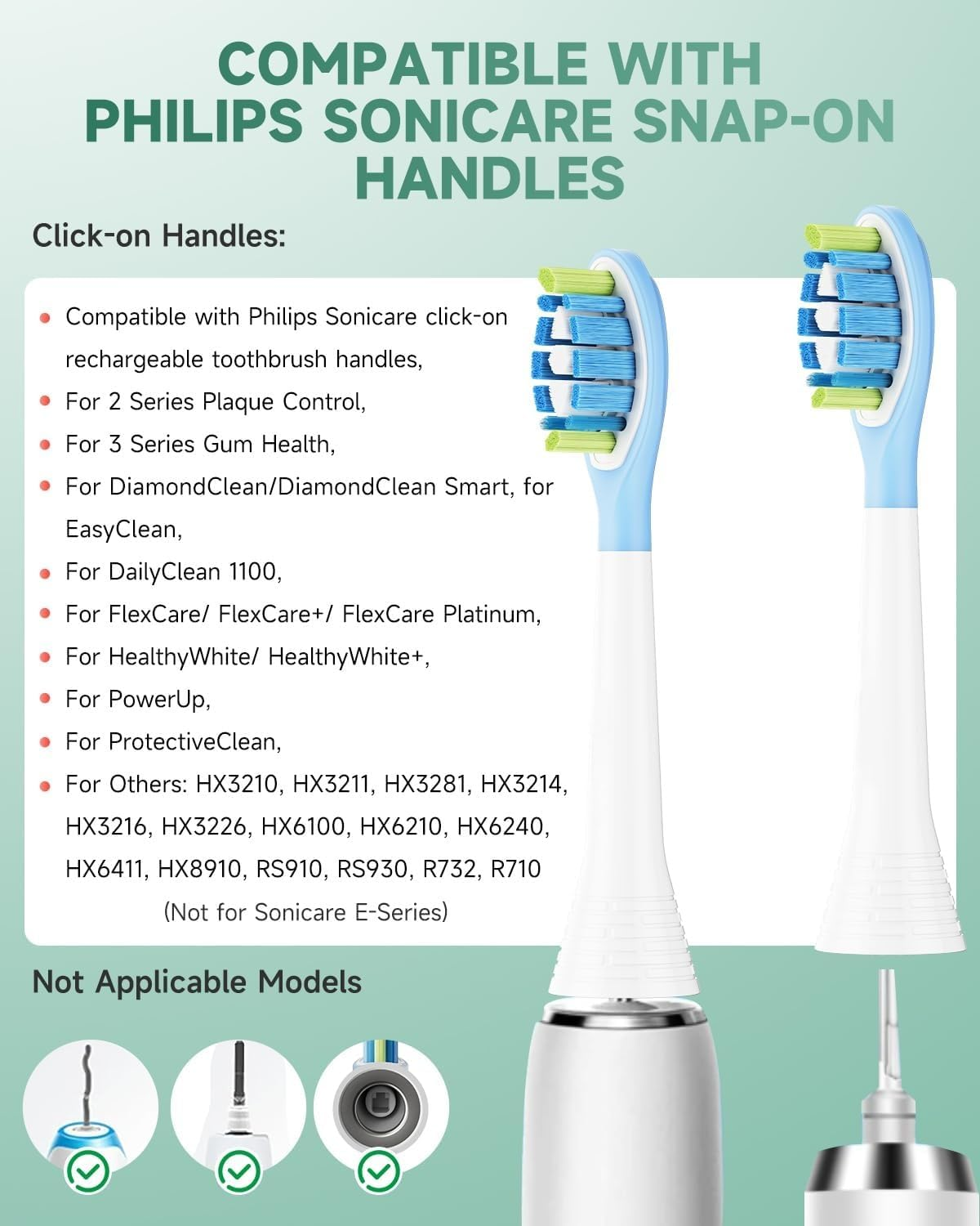 Silicone Wrapped Toothbrush Heads Compatible with Philips Sonicare C3 C2 G3 A3 W2 Replacement Heads, 10 Pack Brush Heads Compatible with Philips Sonicare Snap-On Toothbrush Handles, White