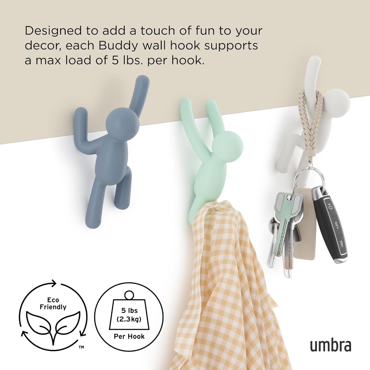 Umbra 318165-370 Buddy Wall Hooks &ndash; Decorative Wall Mounted Coat Hooks for Hanging Coats, Scarves, Bags, Purses, Backpacks, Towels and More, Set of 3, Light Multicolored Hooks & Entry, 10 Inch L X 7.5 Inch W X 3 Inch H - Assorted Grey image number 7