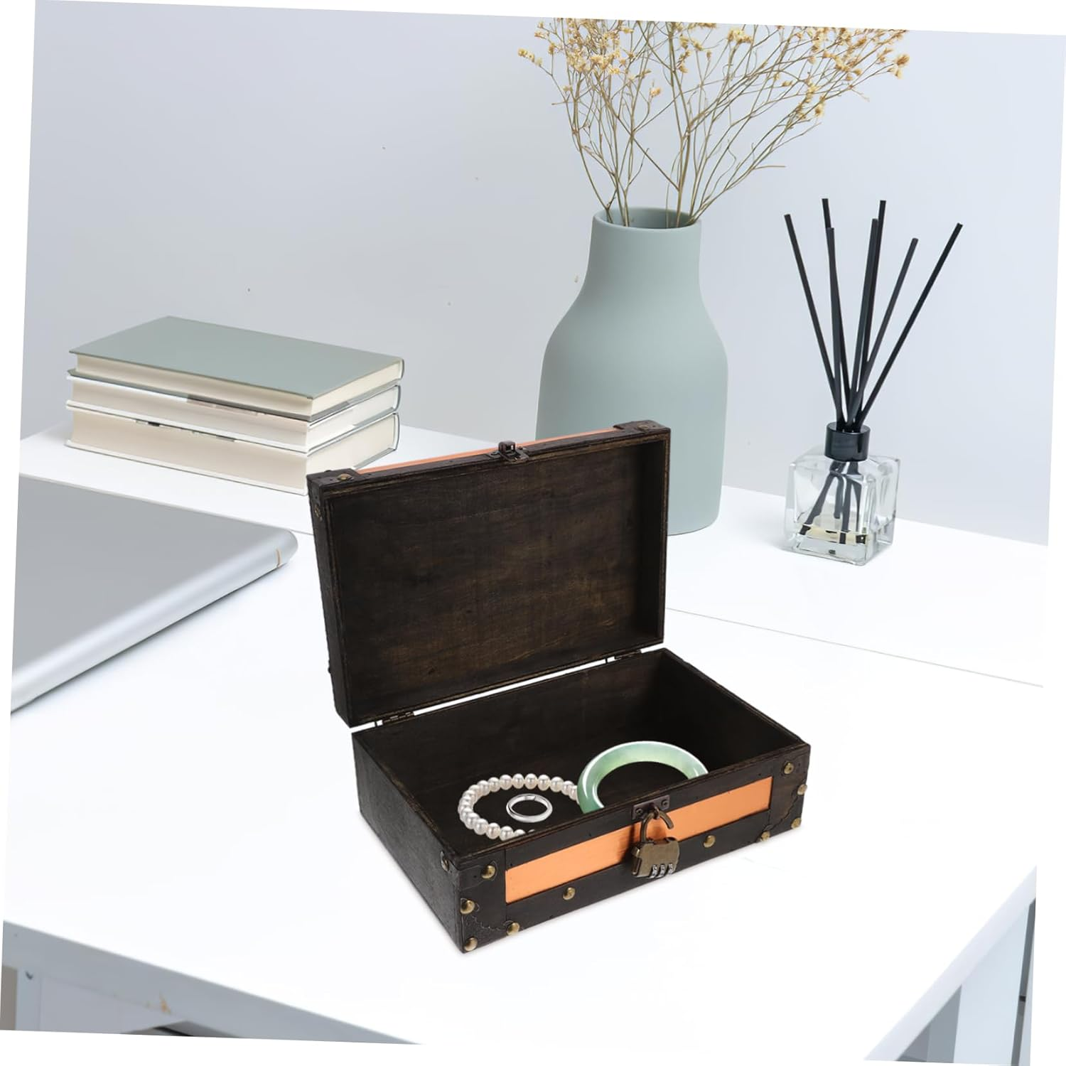 Retro Storage Box Wooden Treasure Chest Decorative Box for Cards Home Office Keepsake Trunk image number 6