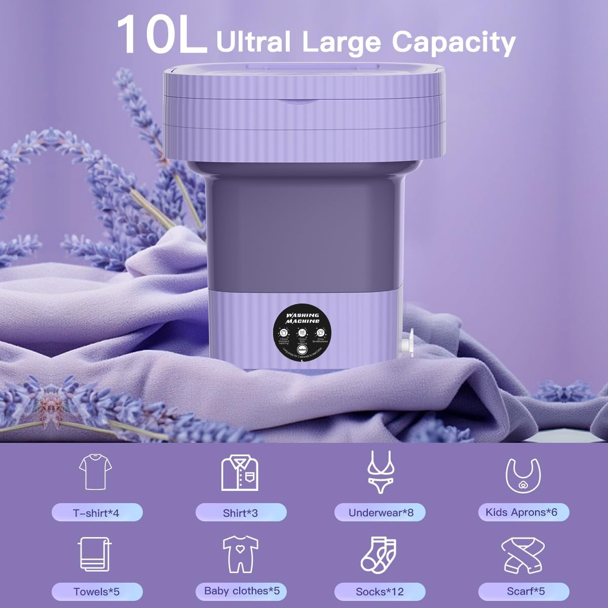 Portable Washing Machine,Mini Washer 10L High Capacity with 3 Modes Deep Cleaning for Baby Clothes,Underwear or Small Items,Foldable Washer for Apartment,Camping,Rv Travel Laundry-Gift Choice(Purple) image number 3