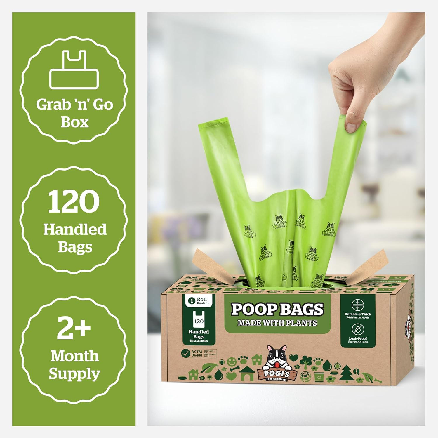Pogi'S Compostable Poop Bags - 120 Dog Poop Bags with Easy-Tie Handles - Leak-Proof, Plant-Based, ASTM D6400 Certified Home Compostable Waste Bags for Dogs (120 Bags with Handles) image number 1