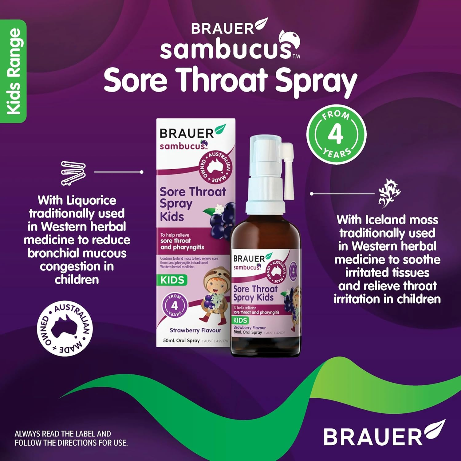 Sambucus by Brauer Health Kids Sore Throat Oral Spray, Strawberry Flavour, with Iceland Moss, Elderberry & Liquorice, Soothing Relief for Sore Throats & Cough, 50ML image number 3