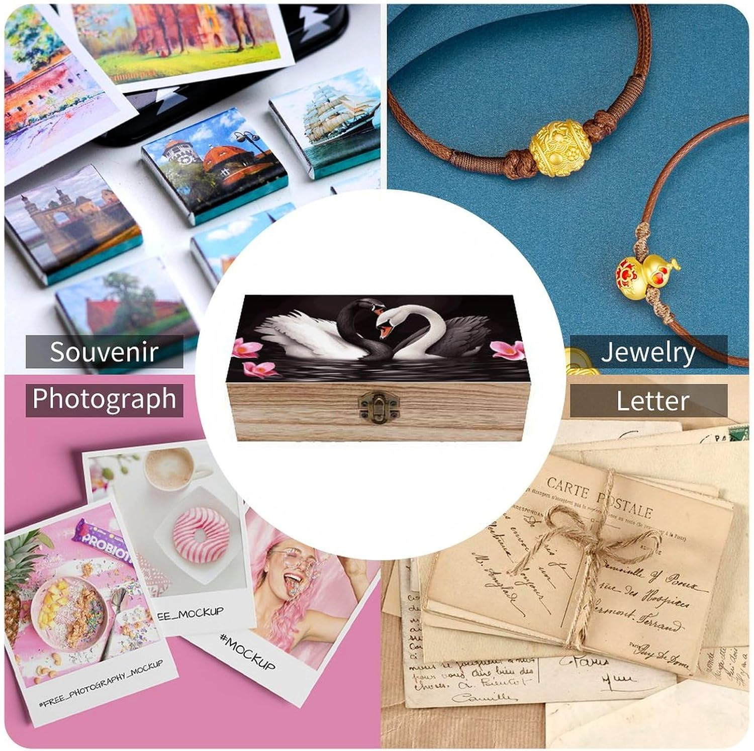 Black White Swan Wooden Box Wood Wedding Keepsake Boxes with Lids Small Decorative Boxes Lightweight Wooden Memory Storage Box for Crafts Keepsakes Jewelry Photo Letter Storage image number 6