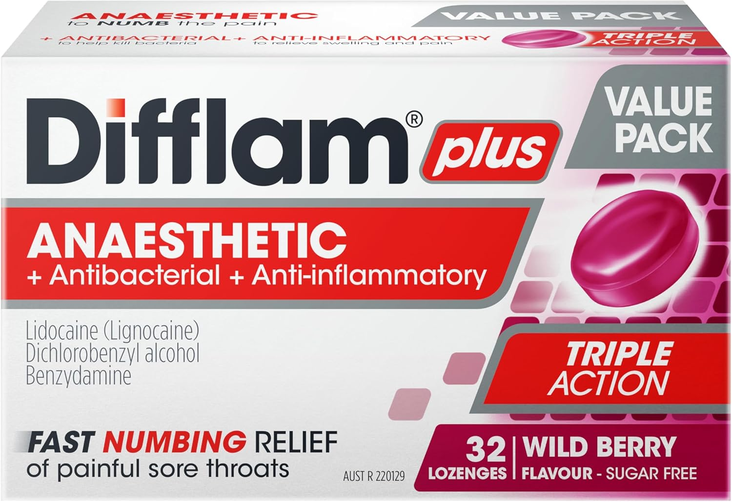 Difflam plus Anaesthetic Sore Throat Triple Action Lozenges, Berry (Pack of 32)